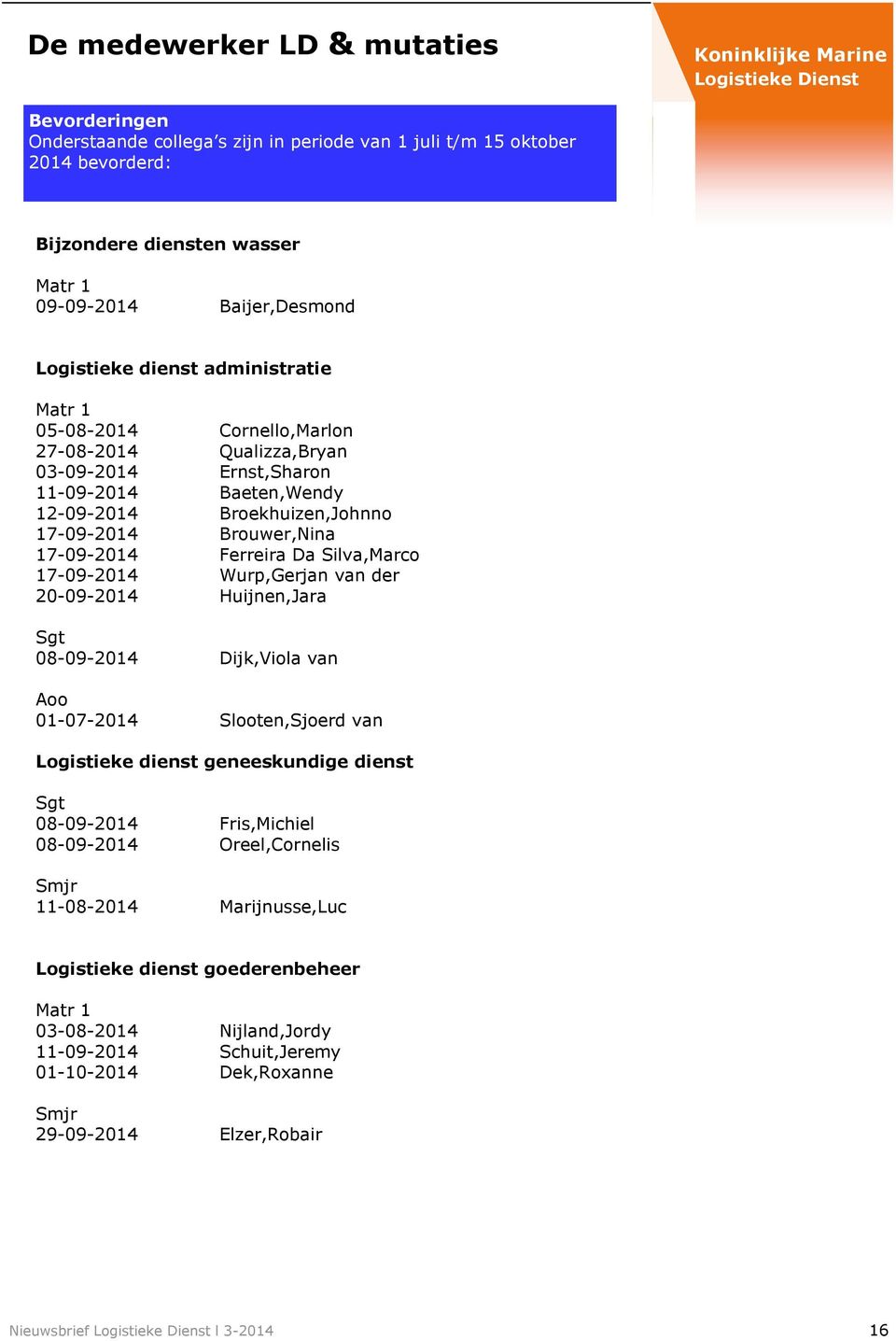 Ferreira Da Silva,Marco 17-09-2014 Wurp,Gerjan van der 20-09-2014 Huijnen,Jara Sgt 08-09-2014 Dijk,Viola van Aoo 01-07-2014 Slooten,Sjoerd van Logistieke dienst geneeskundige dienst Sgt 08-09-2014