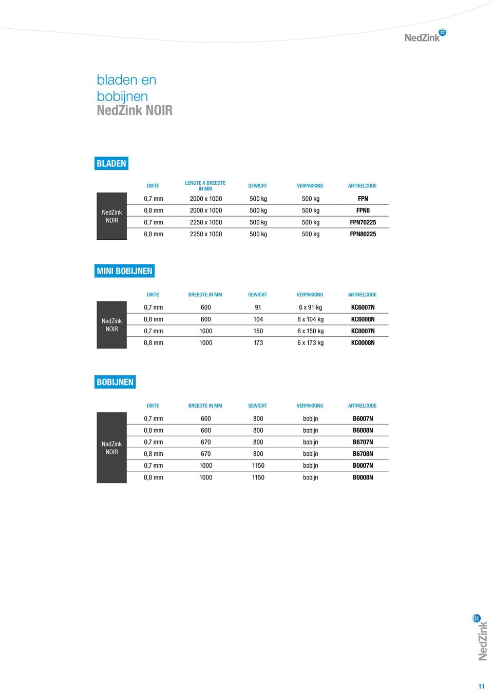 600 104 6 x 104 kg KC6008N 0,7 mm 1000 150 6 x 150 kg KC0007N 0,8 mm 1000 173 6 x 173 kg KC0008N BOBIJNEN DIKTE BREEDTE IN MM GEWICHT VERPAKKING 0,7 mm 600 800