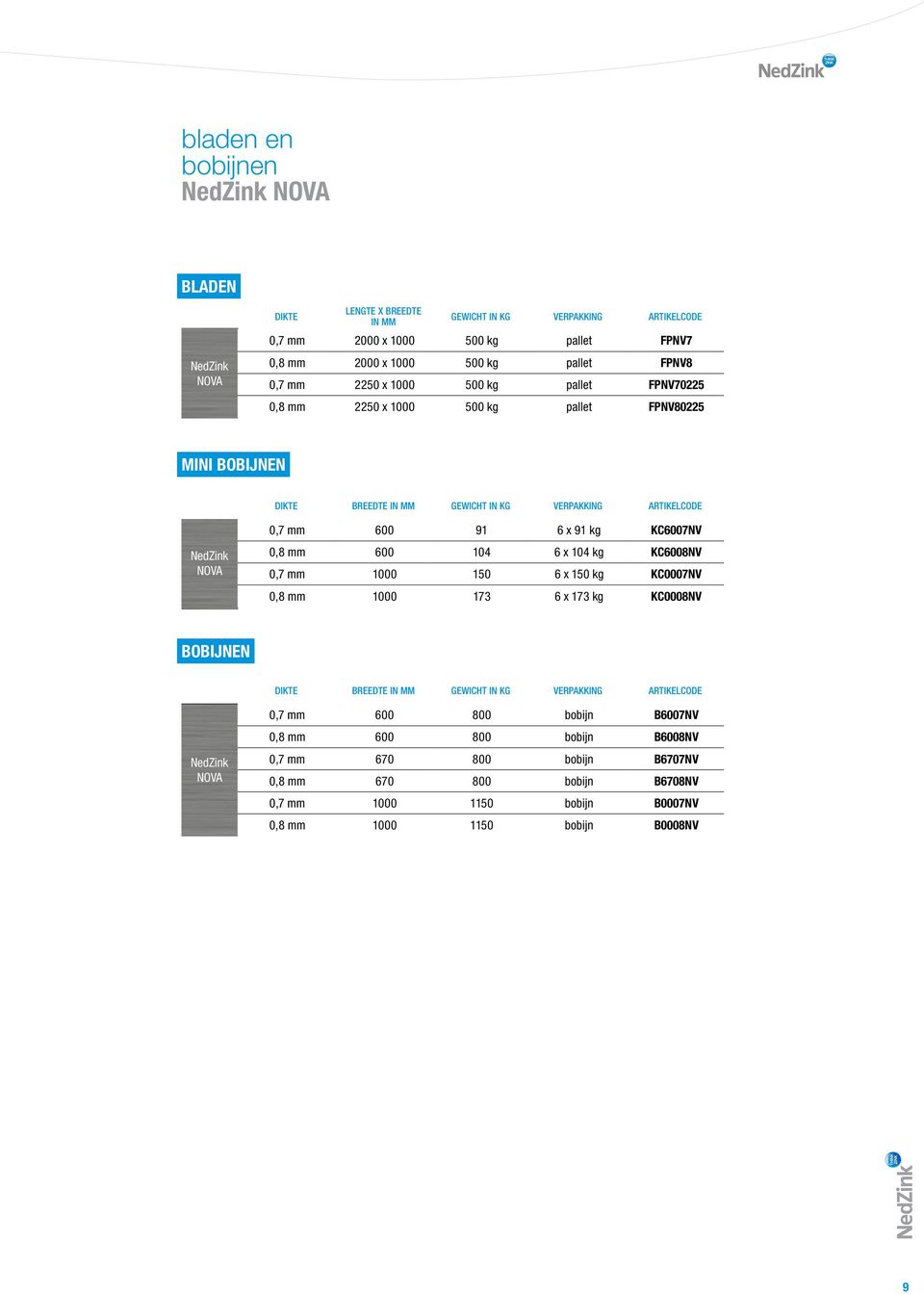 mm 600 104 6 x 104 kg KC6008NV 0,7 mm 1000 150 6 x 150 kg KC0007NV 0,8 mm 1000 173 6 x 173 kg KC0008NV BOBIJNEN DIKTE BREEDTE IN MM GEWICHT IN KG VERPAKKING 0,7 mm 600