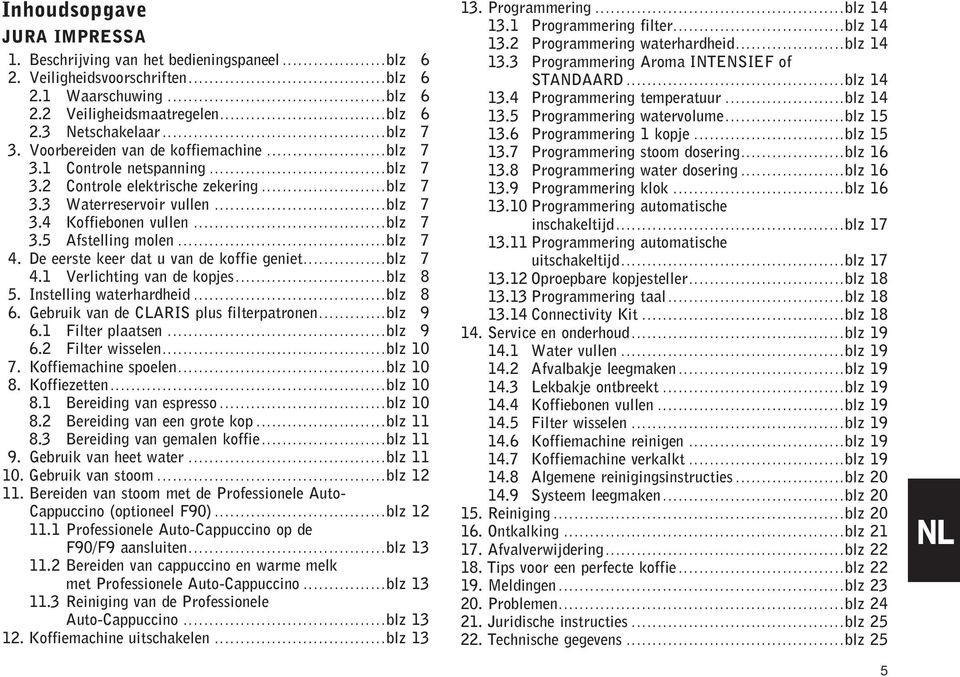 ..blz 7 4. De eerste keer dat u van de koffie geniet...blz 7 4.1 Verlichting van de kopjes...blz 8 5. Instelling waterhardheid...blz 8 6. Gebruik van de CLARIS plus filterpatronen...blz 9 6.