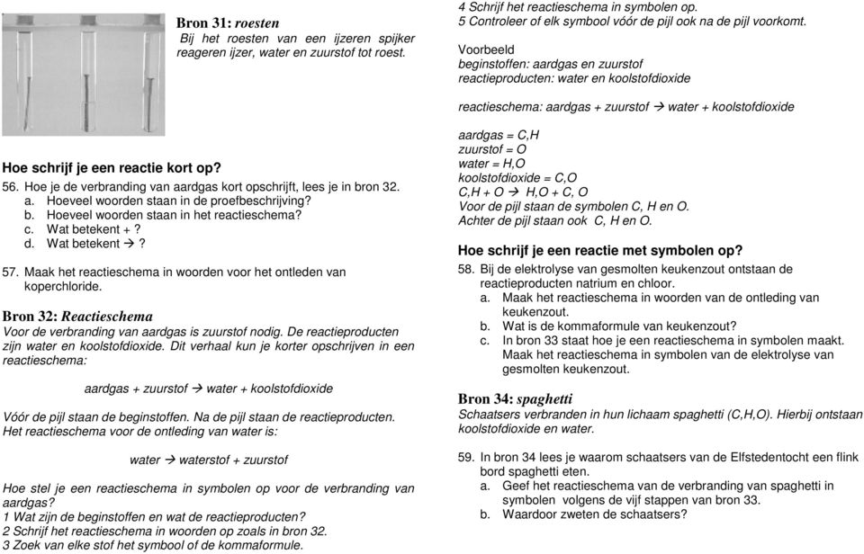 Voorbeeld beginstoffen: aardgas en zuurstof reactieproducten: water en koolstofdioxide reactieschema: aardgas + zuurstof water + koolstofdioxide Hoe schrijf je een reactie kort op? 56.