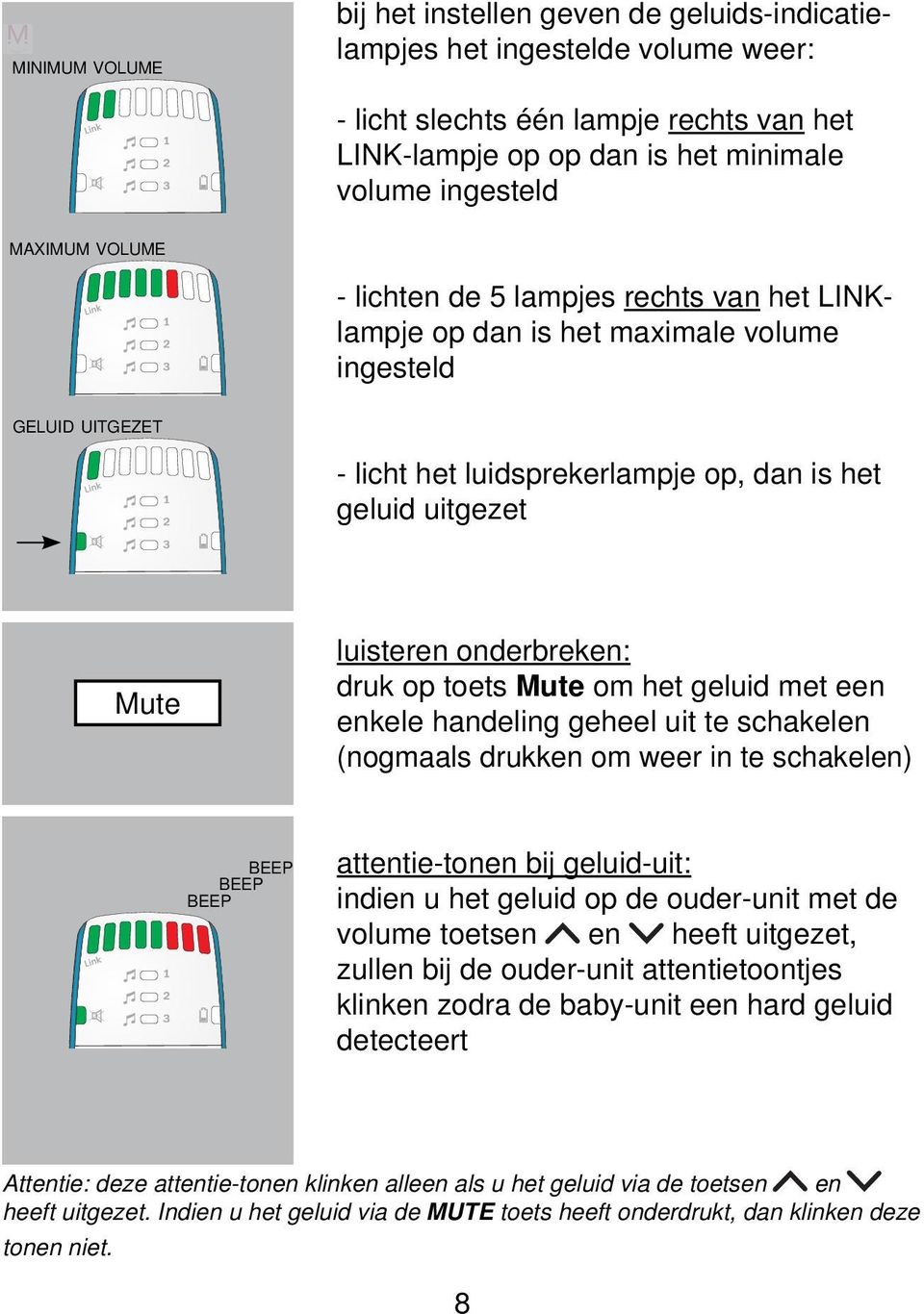 onderbreken: druk op toets Mute om het geluid met een enkele handeling geheel uit te schakelen (nogmaals drukken om weer in te schakelen) BEEP BEEP BEEP attentie-tonen bij geluid-uit: indien u het