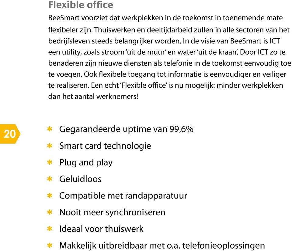 In de visie van BeeSmart is ICT een utility, zoals stroom uit de muur en water uit de kraan. Door ICT zo te benaderen zijn nieuwe diensten als telefonie in de toekomst eenvoudig toe te voegen.