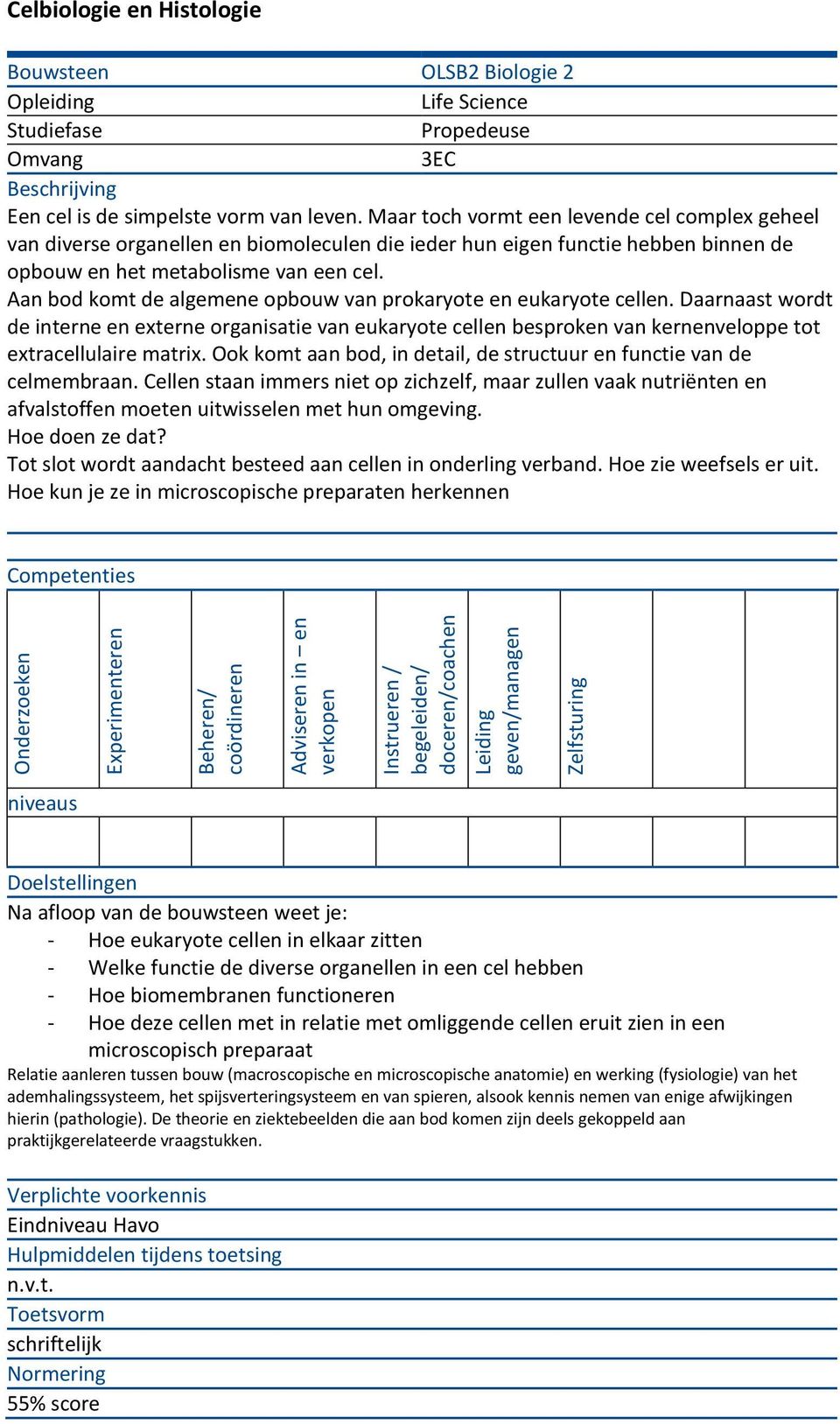 Aan bod komt de algemene opbouw van prokaryote en eukaryote cellen. Daarnaast wordt de interne en externe organisatie van eukaryote cellen besproken van kernenveloppe tot extracellulaire matrix.