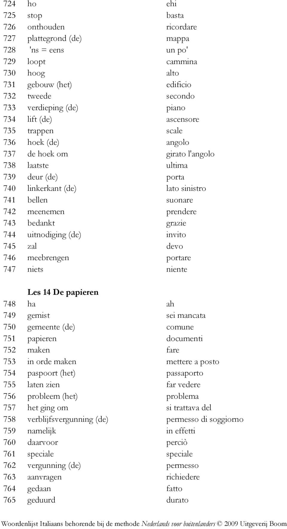 meenemen prendere 743 bedankt grazie 744 uitnodiging (de) invito 745 zal devo 746 meebrengen portare 747 niets niente Les 14 De papieren 748 ha ah 749 gemist sei mancata 750 gemeente (de) comune 751