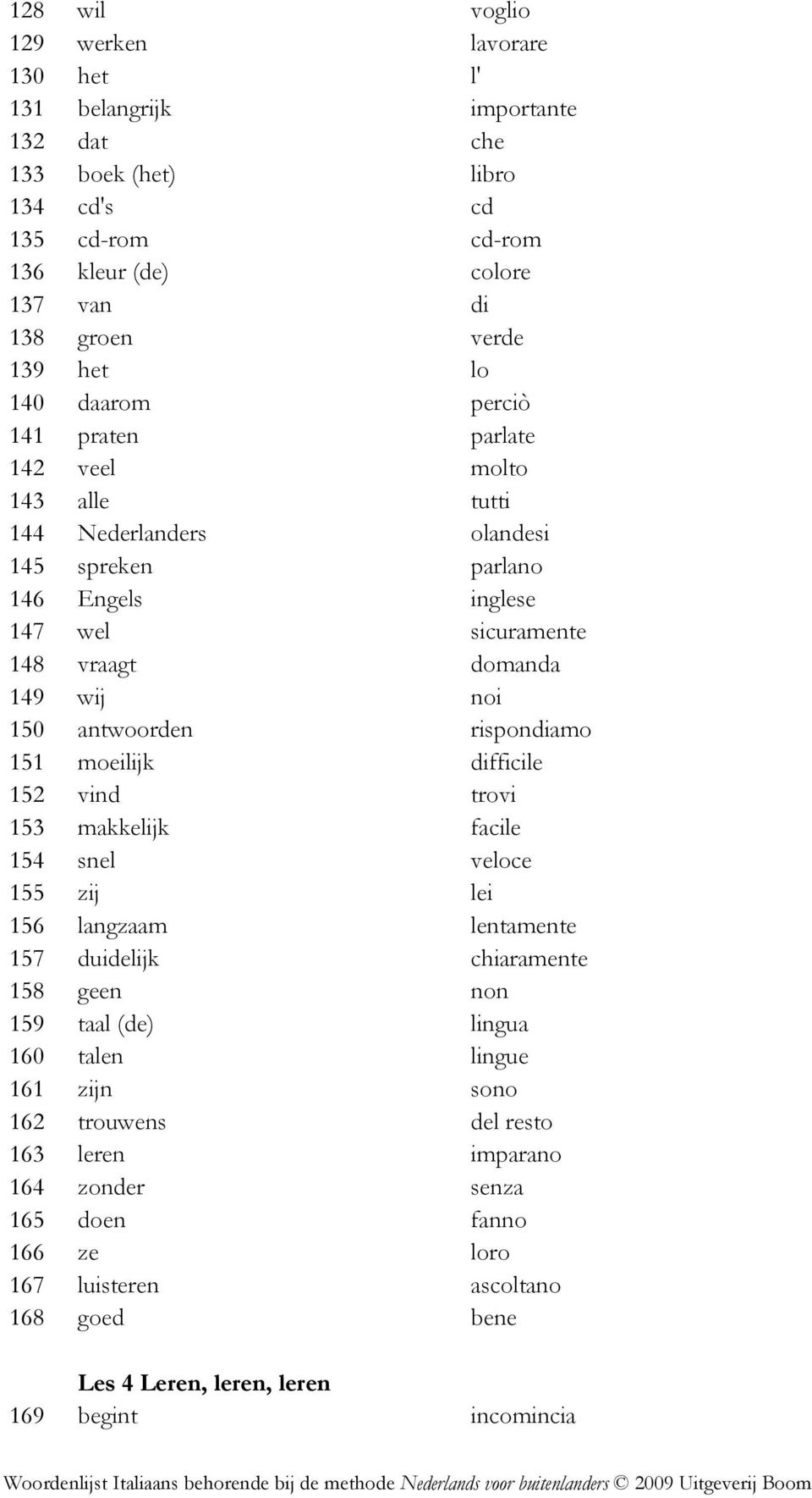 antwoorden rispondiamo 151 moeilijk difficile 152 vind trovi 153 makkelijk facile 154 snel veloce 155 zij lei 156 langzaam lentamente 157 duidelijk chiaramente 158 geen non 159 taal (de) lingua