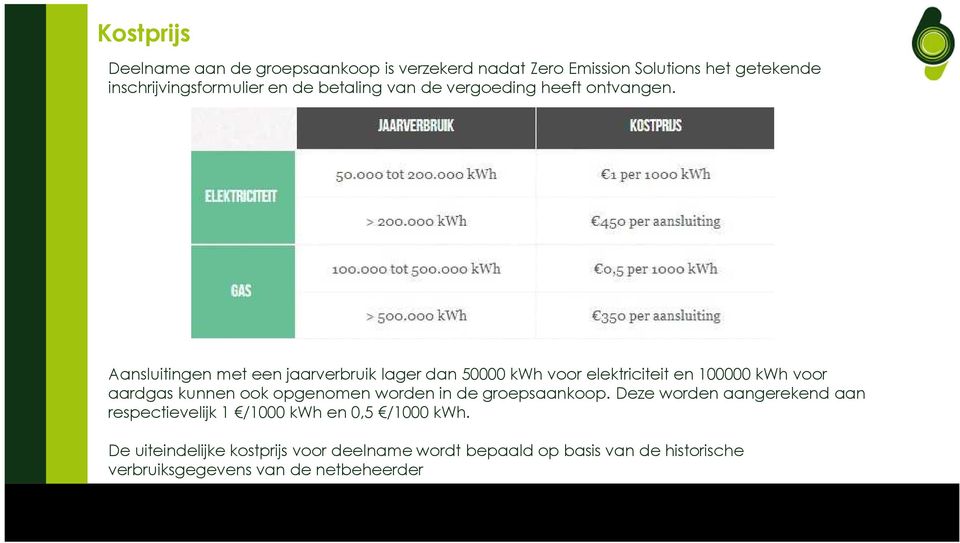 Aansluitingen met een jaarverbruik lager dan 50000 kwh voor elektriciteit en 100000 kwh voor aardgas kunnen ook opgenomen worden