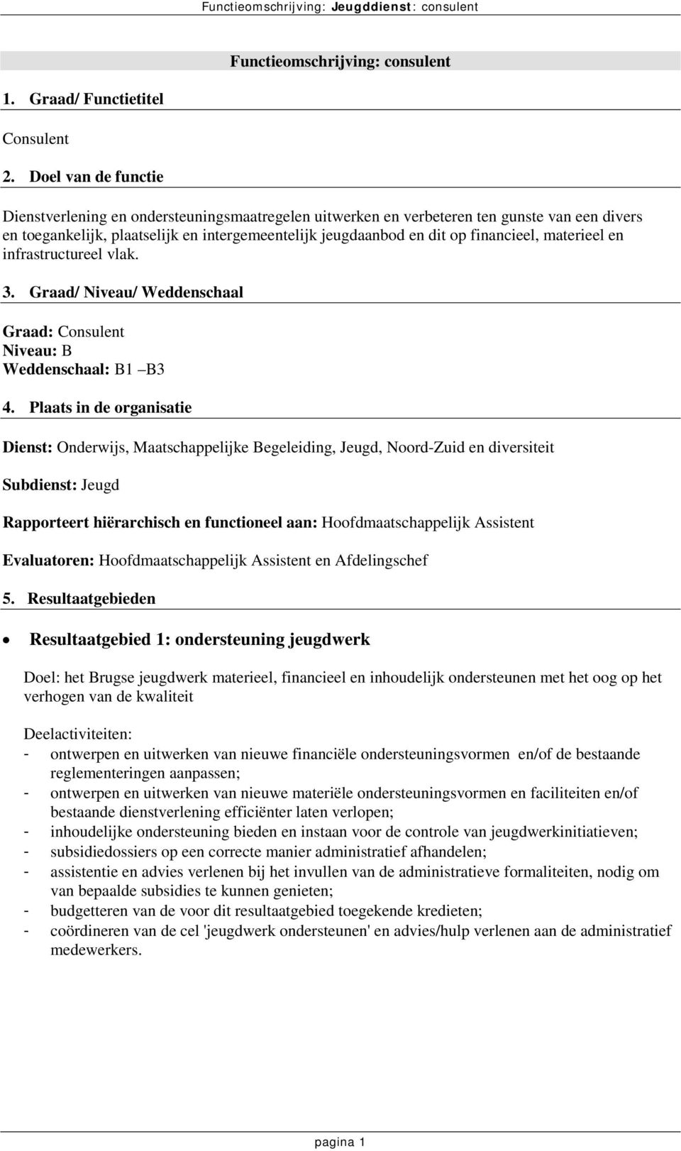 materieel en infrastructureel vlak. 3. Graad/ Niveau/ Weddenschaal Graad: Consulent Niveau: B Weddenschaal: B1 B3 4.