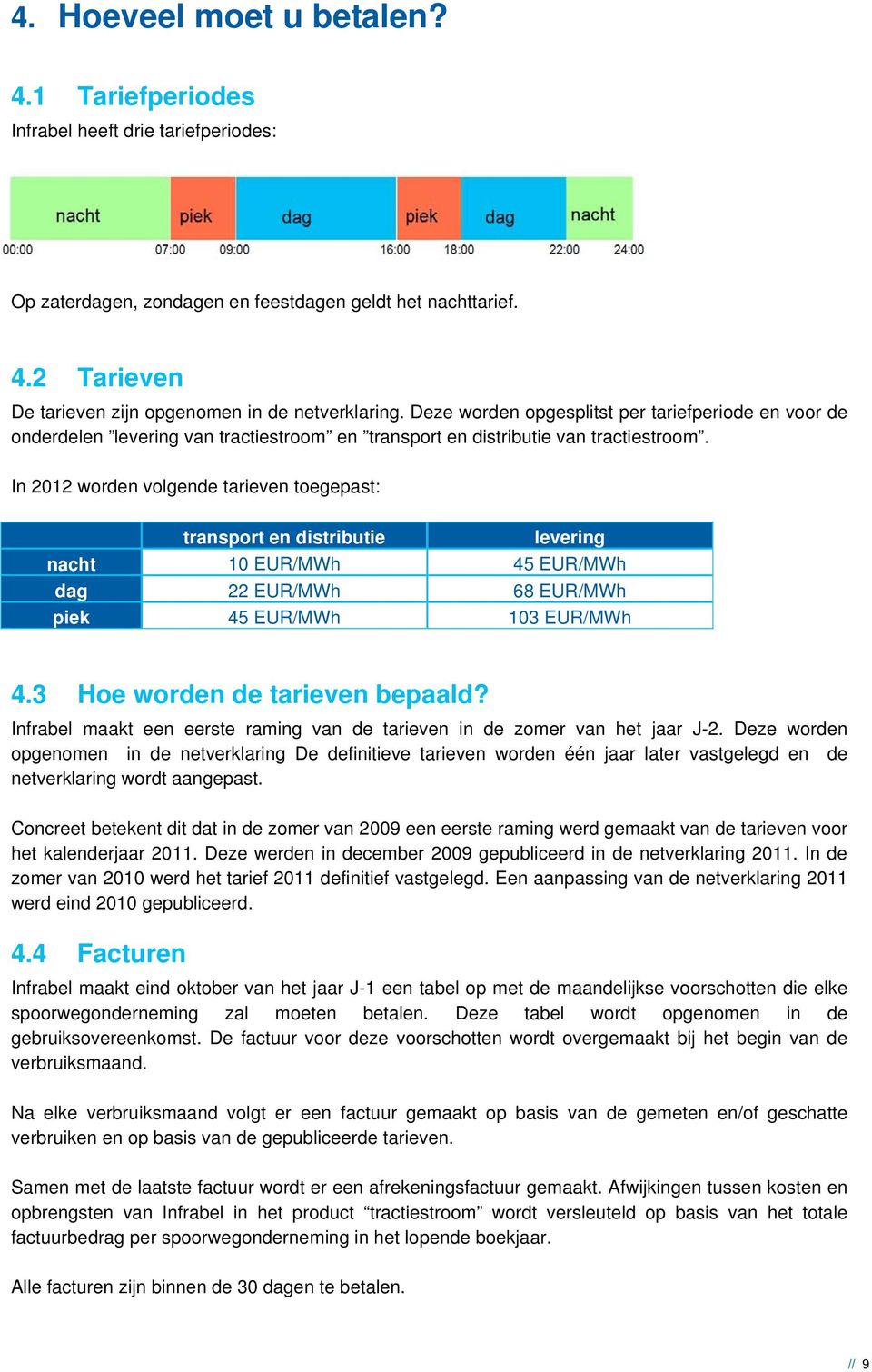 In 2012 worden volgende tarieven toegepast: transport en distributie levering nacht 10 EUR/MWh 45 EUR/MWh dag 22 EUR/MWh 68 EUR/MWh piek 45 EUR/MWh 103 EUR/MWh 4.3 Hoe worden de tarieven bepaald?