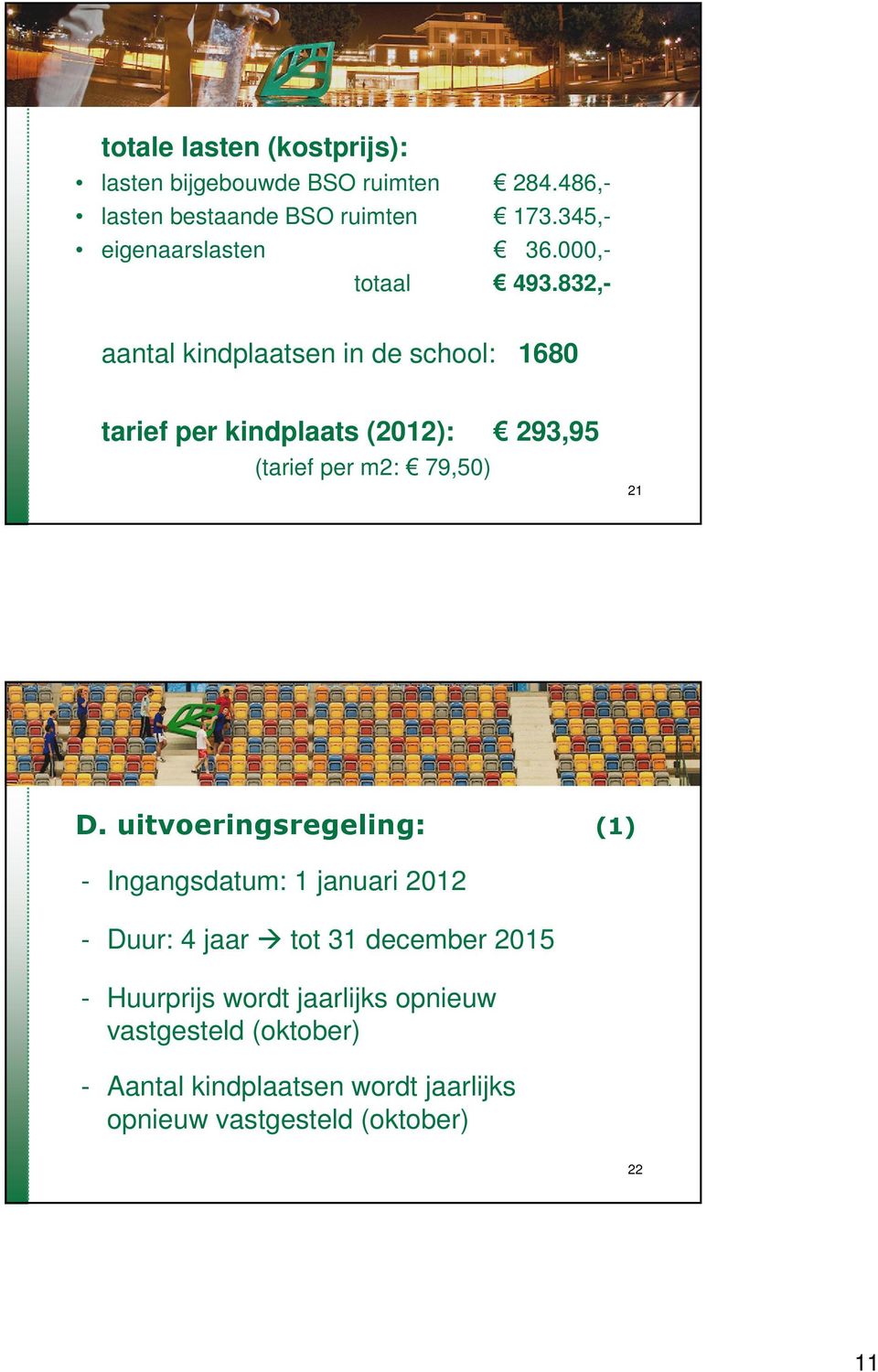 832,- aantal kindplaatsen in de school: 1680 tarief per kindplaats (2012): 293,95 (tarief per m2: 79,50) 21 D.