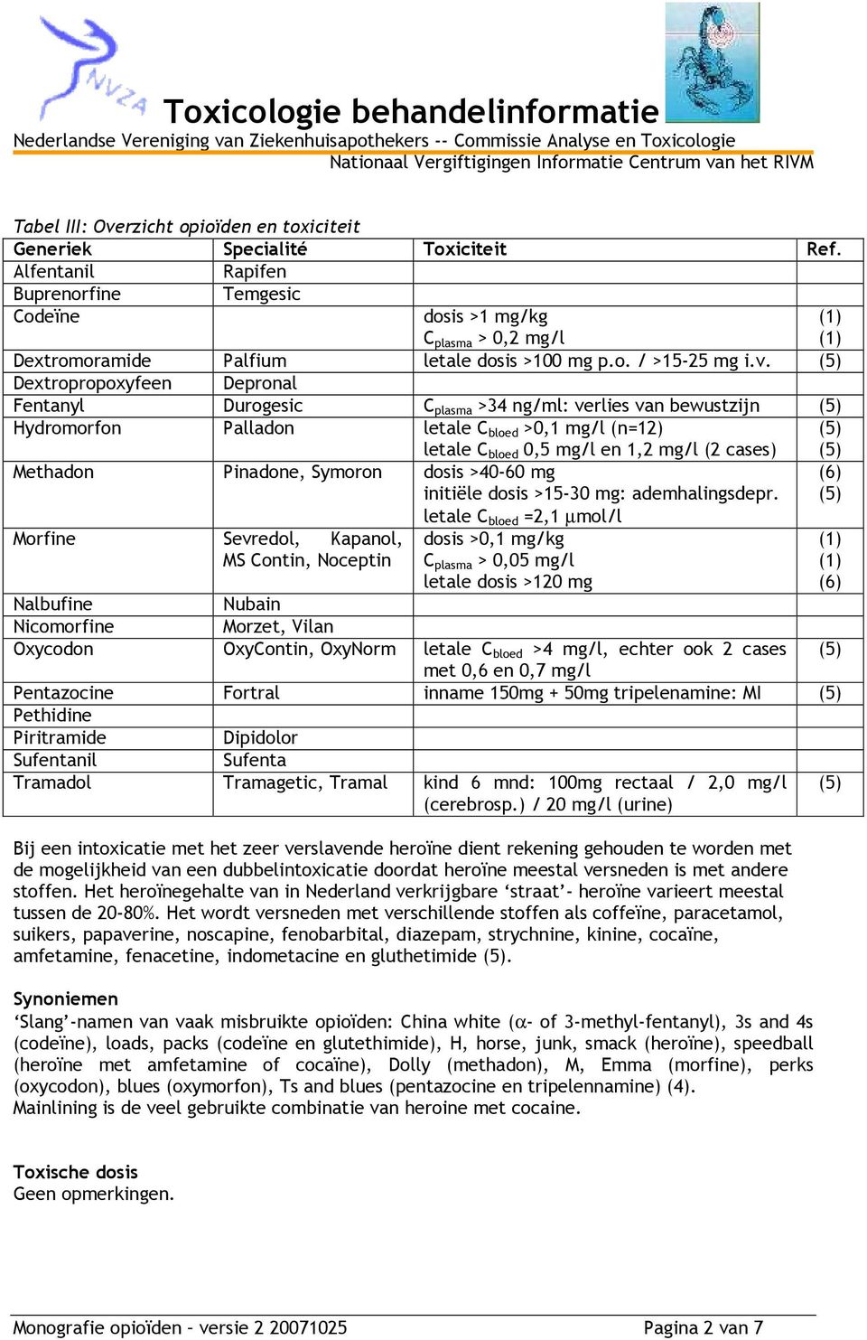 Dextropropoxyfeen Depronal Fentanyl Durogesic C plasma >34 ng/ml: verlies van bewustzijn Hydromorfon Palladon letale C bloed >0,1 mg/l (n=12) letale C bloed 0,5 mg/l en 1,2 mg/l (2 cases) Methadon