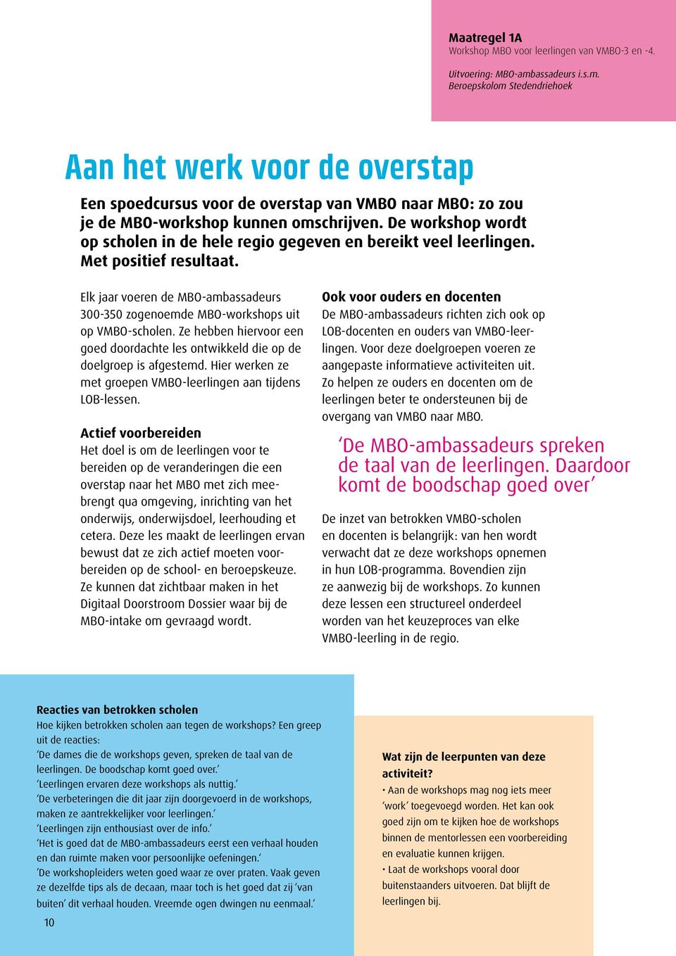 De workshop wordt op scholen in de hele regio gegeven en bereikt veel leerlingen. Met positief resultaat. Elk jaar voeren de MBO-ambassadeurs 300-350 zogenoemde MBO-workshops uit op VMBO-scholen.