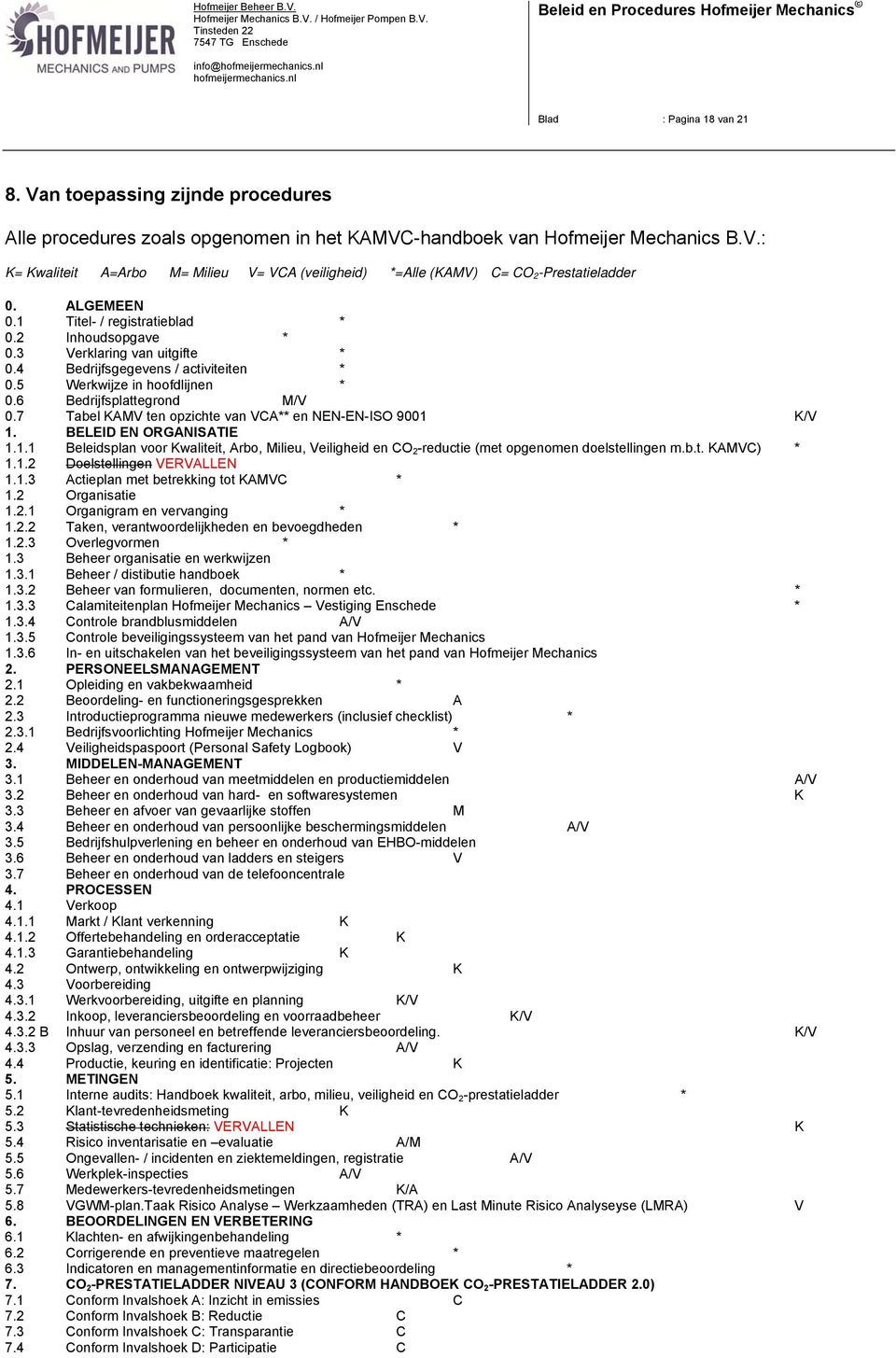 7 Tabel KAMV ten opzichte van VCA** en NEN-EN-ISO 9001 K/V 1. BELEID EN ORGANISATIE 1.1.1 Beleidsplan voor Kwaliteit, Arbo, Milieu, Veiligheid en CO 2 -reductie (met opgenomen doelstellingen m.b.t. KAMVC) * 1.