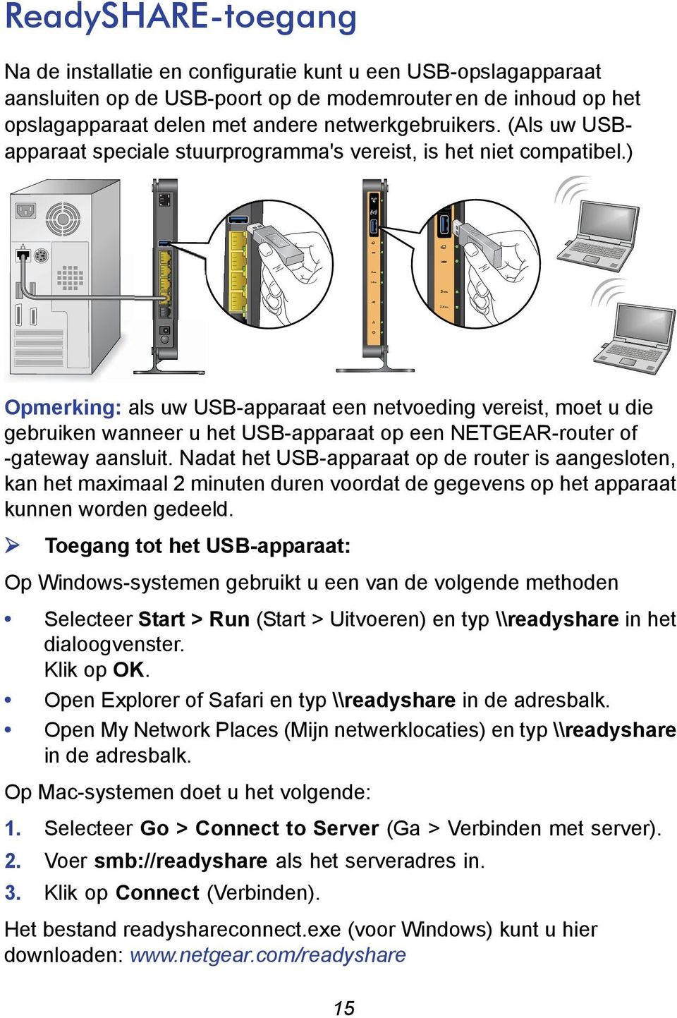 ) Opmerking: als uw USB-apparaat een netvoeding vereist, moet u die gebruiken wanneer u het USB-apparaat op een NETGEAR-router of -gateway aansluit.