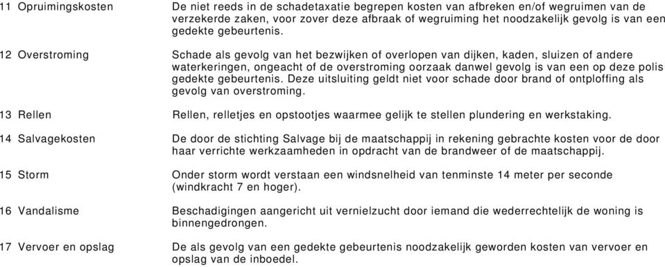 12 Overstroming Schade als gevolg van het bezwijken of overlopen van dijken, kaden, sluizen of andere waterkeringen, ongeacht of de overstroming oorzaak danwel gevolg is van een op deze polis  Deze