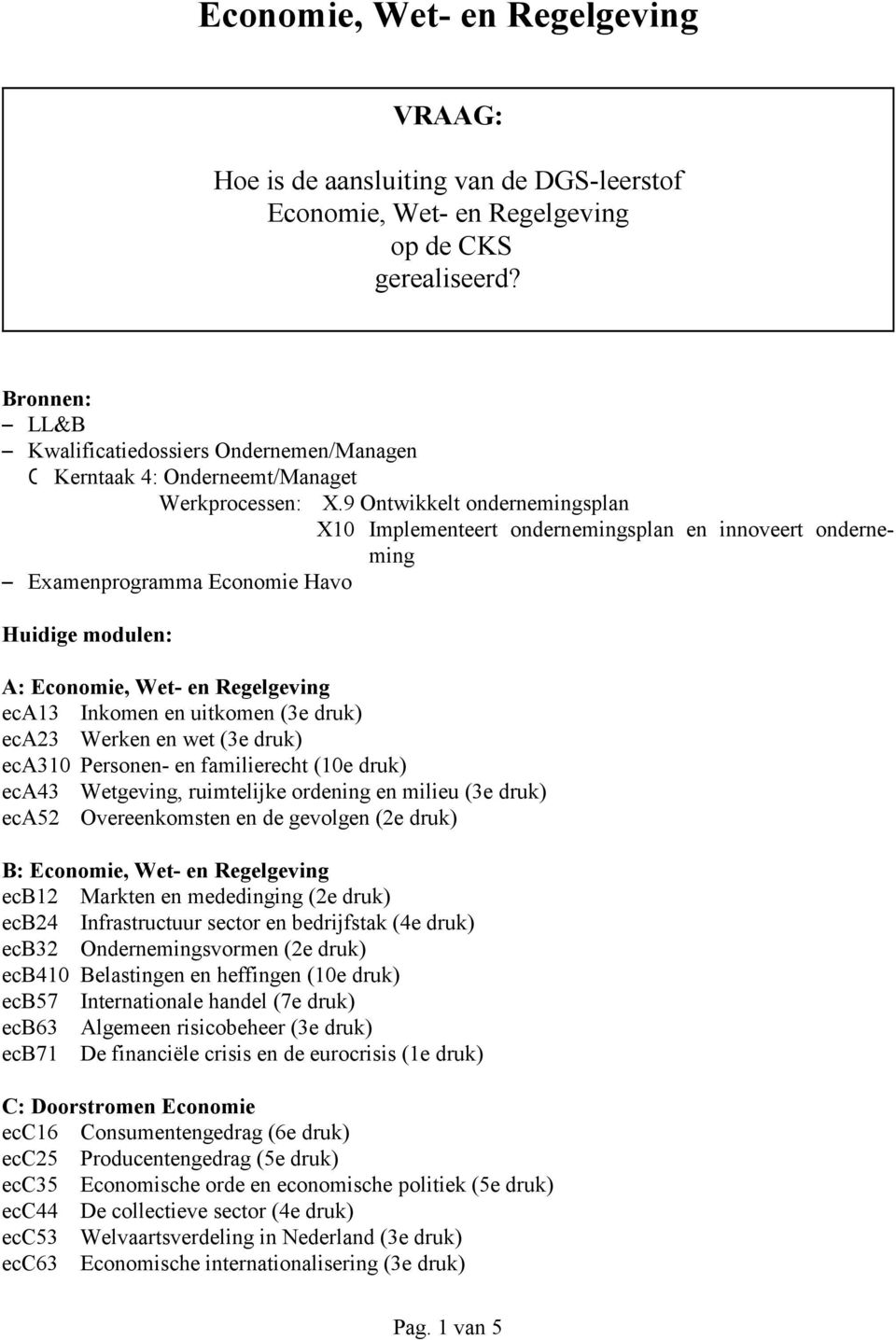 9 Ontwikkelt ondernemingsplan X10 Implementeert ondernemingsplan en innoveert onderneming S Examenprogramma Economie Havo Huidige modulen: A: Economie, Wet- en eca13 Inkomen en uitkomen (3e druk)