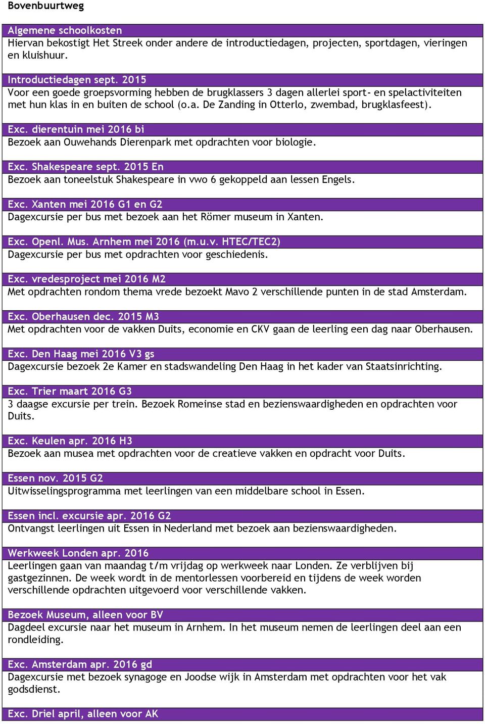 dierentuin mei 2016 bi Bezoek aan Ouwehands Dierenpark met opdrachten voor biologie. Exc. Shakespeare sept. 2015 En Bezoek aan toneelstuk Shakespeare in vwo 6 gekoppeld aan lessen Engels. Exc. Xanten mei 2016 G1 en G2 Dagexcursie per bus met bezoek aan het Römer museum in Xanten.