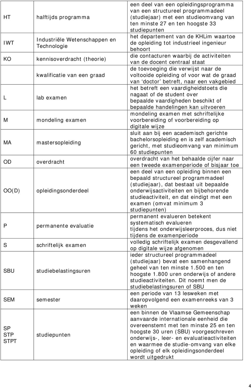 programmadeel (studiejaar) met een studieomvang van ten minste 27 en ten hoogste 33 studiepunten het departement van de KHLim waartoe de opleiding tot industrieel ingenieur behoort die contacturen