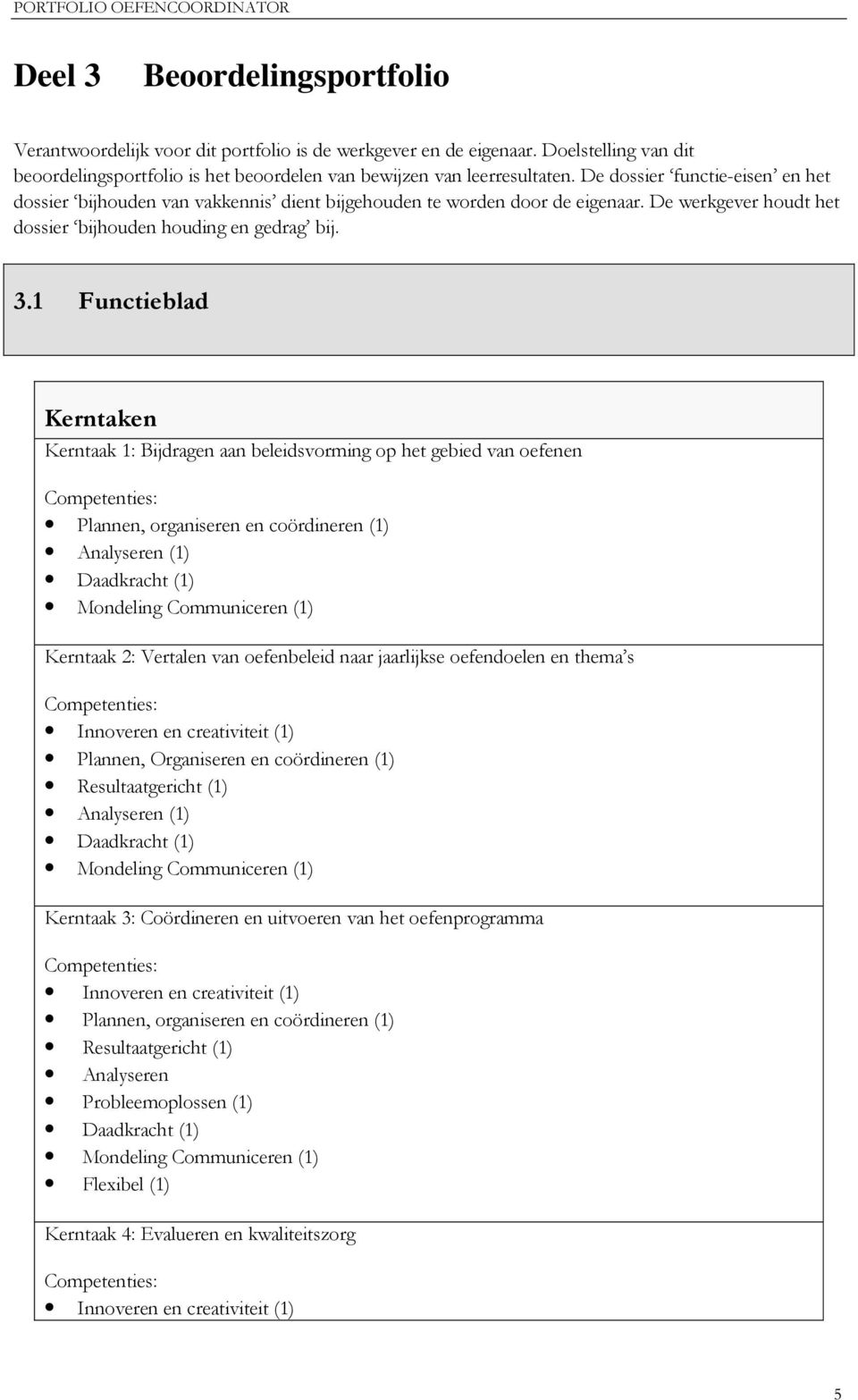 1 Functieblad Kerntaken Kerntaak 1: Bijdragen aan beleidsvorming op het gebied van oefenen Competenties: Plannen, organiseren en coördineren (1) Analyseren (1) Daadkracht (1) Mondeling Communiceren