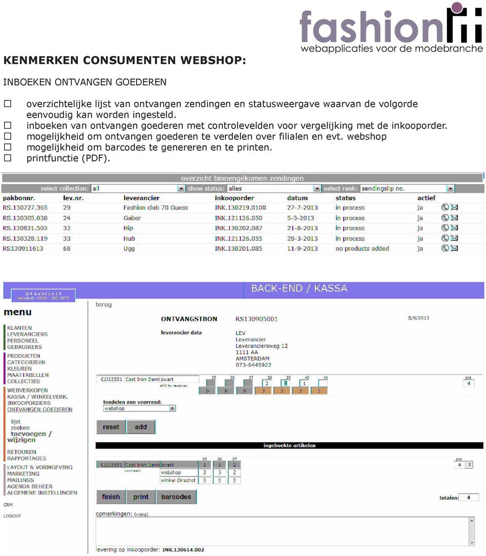 inboeken van ontvangen goederen met controlevelden voor vergelijking met de inkooporder.