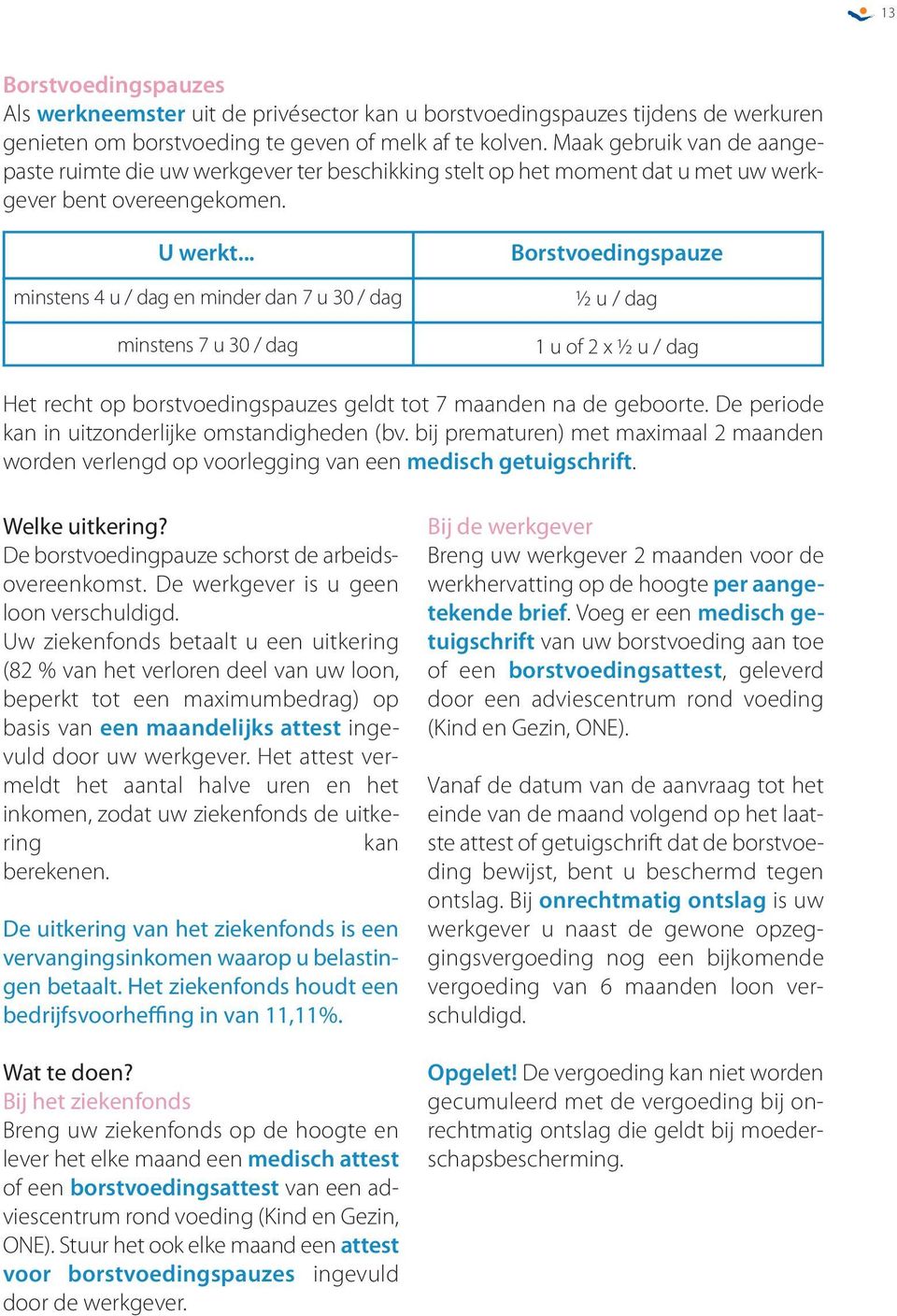 .. Borstvoedingspauze minstens 4 u / dag en minder dan 7 u 30 / dag minstens 7 u 30 / dag ½ u / dag 1 u of 2 x ½ u / dag Het recht op borstvoedingspauzes geldt tot 7 maanden na de geboorte.