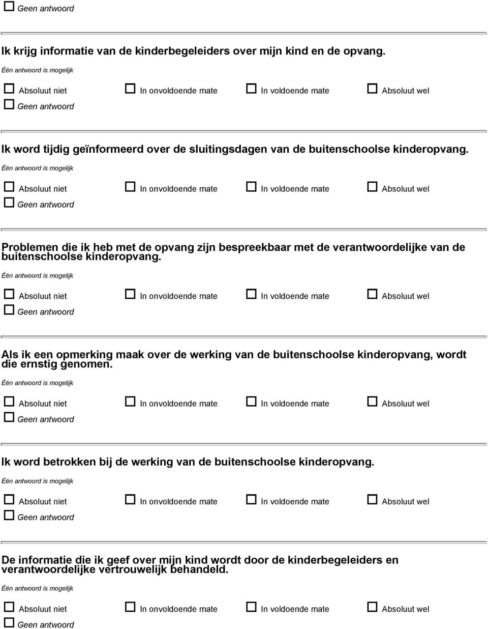 Problemen die ik heb met de opvang zijn bespreekbaar met de verantwoordelijke van de buitenschoolse kinderopvang.