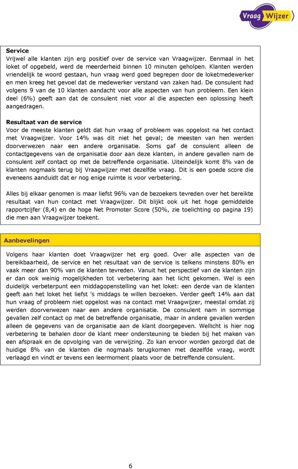 De consulent had volgens 9 van de 10 klanten aandacht voor alle aspecten van hun probleem. Een klein deel (6%) geeft aan dat de consulent niet voor al die aspecten een oplossing heeft aangedragen.