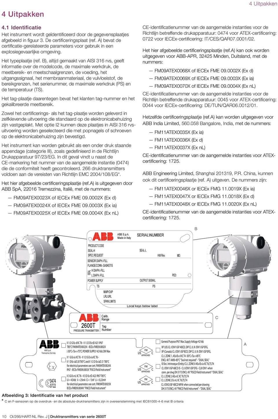 B), altijd gemaakt van AISI 316 rvs, geeft informatie over de modelcode, de maximale werkdruk, de meetbereik- en meetschaalgrenzen, de voeding, het uitgangssignaal, het membraanmateriaal, de