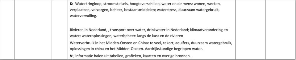 Rivieren in Nederland,, transport over water, drinkwater in Nederland; klimaatverandering en water; wateroplossingen, waterbeheer: langs de kust en