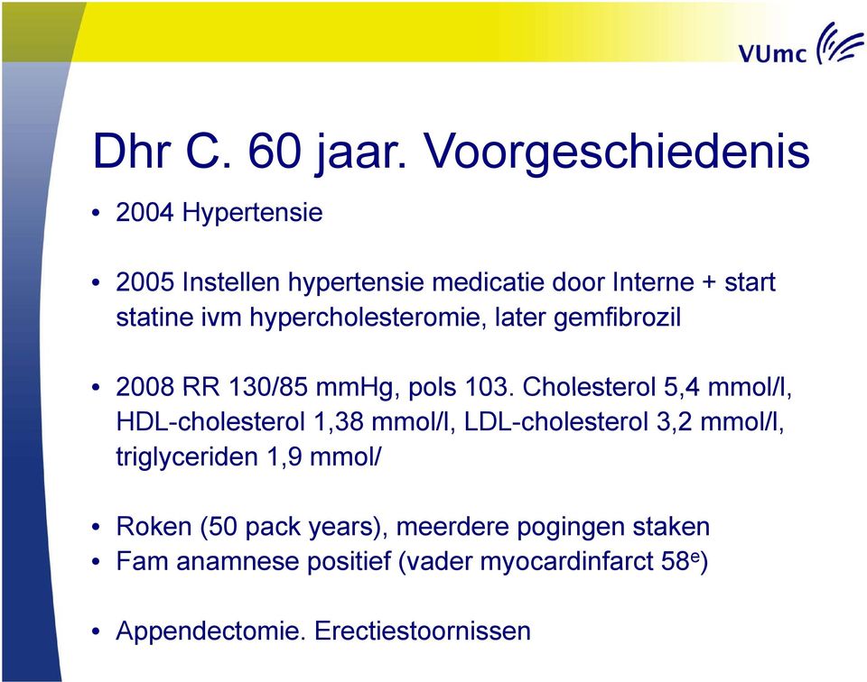 hypercholesteromie, later gemfibrozil 2008 RR 130/85 mmhg, pols 103.