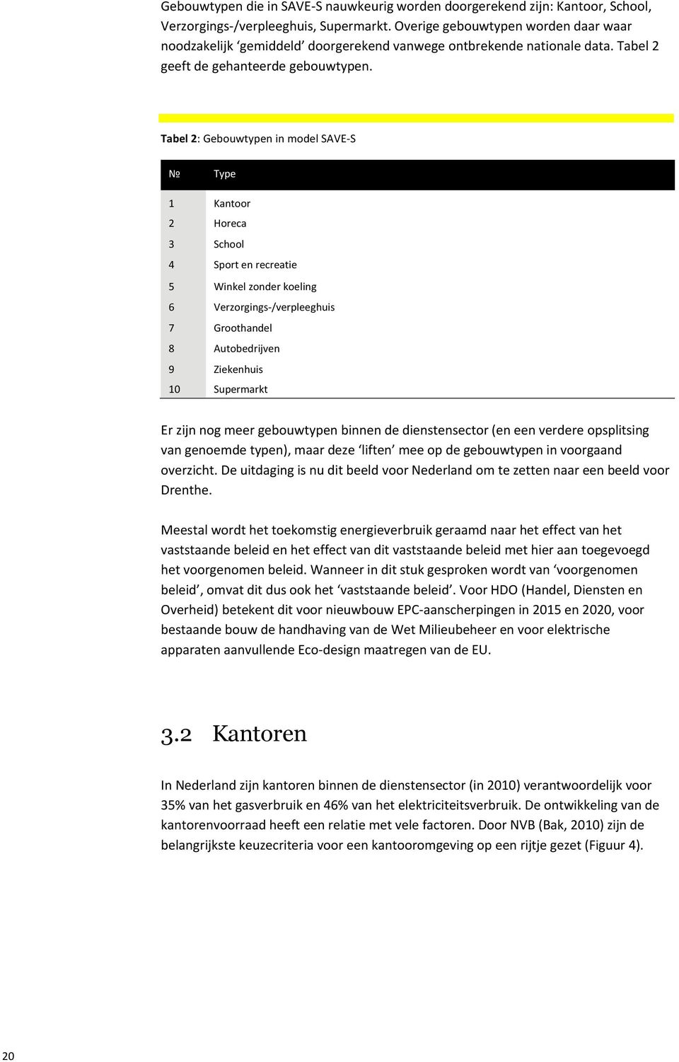 Tabel 2: Gebouwtypen in model SAVE-S Type 1 Kantoor 2 Horeca 3 School 4 Sport en recreatie 5 Winkel zonder koeling 6 Verzorgings-/verpleeghuis 7 Groothandel 8 Autobedrijven 9 Ziekenhuis 10 Supermarkt