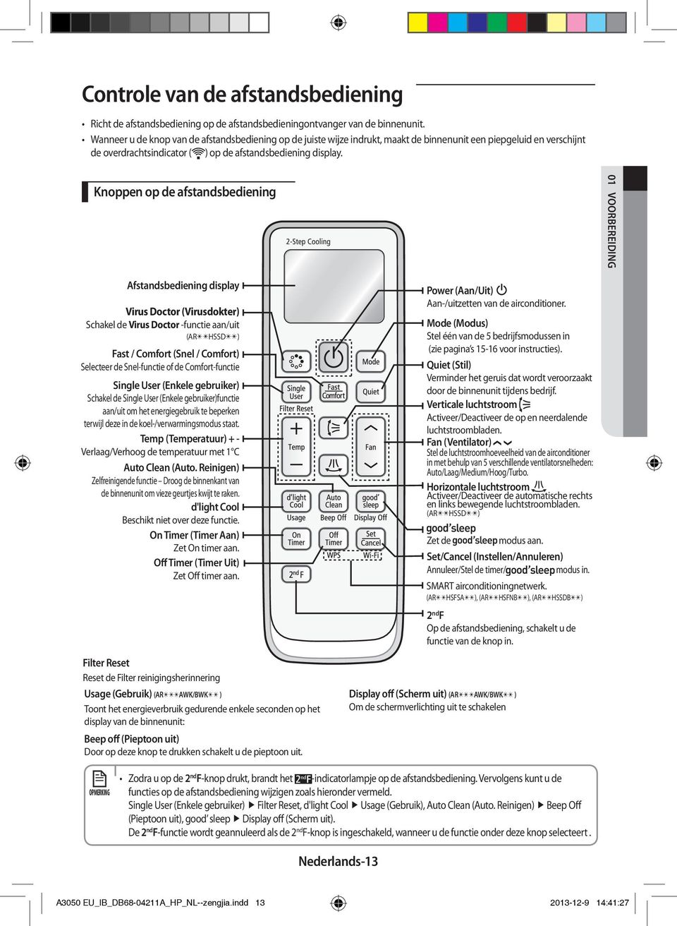 Knoppen op de afstandsbediening 01 VOORBEREIDING Afstandsbediening display Virus Doctor (Virusdokter) Schakel de Virus Doctor -functie aan/uit (ARHSSD) Fast / Comfort (Snel / Comfort) Selecteer de