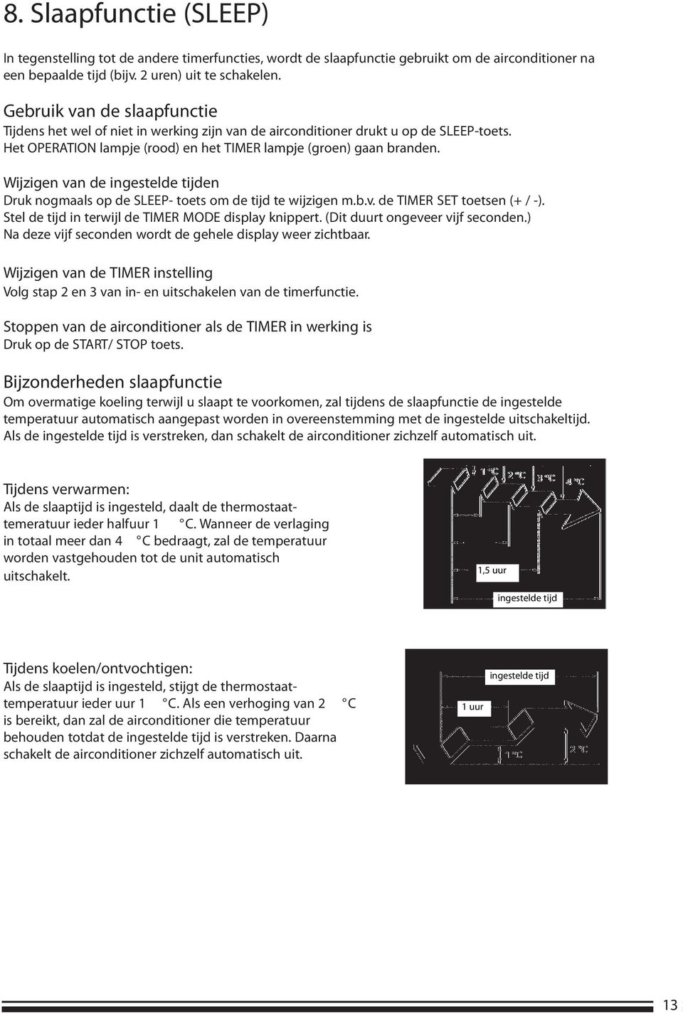 Wijzigen van de ingestelde tijden Druk nogmaals op de SLEEP- toets om de tijd te wijzigen m.b.v. de TIMER SET toetsen (+ / -). Stel de tijd in terwijl de TIMER MODE display knippert.