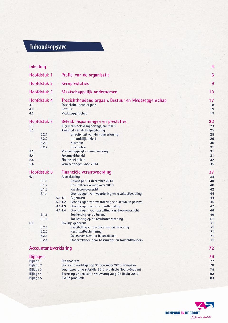 . Effectiviteit van de hulpverlening 5.. Inhoudelijk beleid 5.. Klachten 5..4 Incidenten 5. Maatschappelijke samenwerking 5.4 Personeelsbeleid 5.5 Financieel beleid 5.