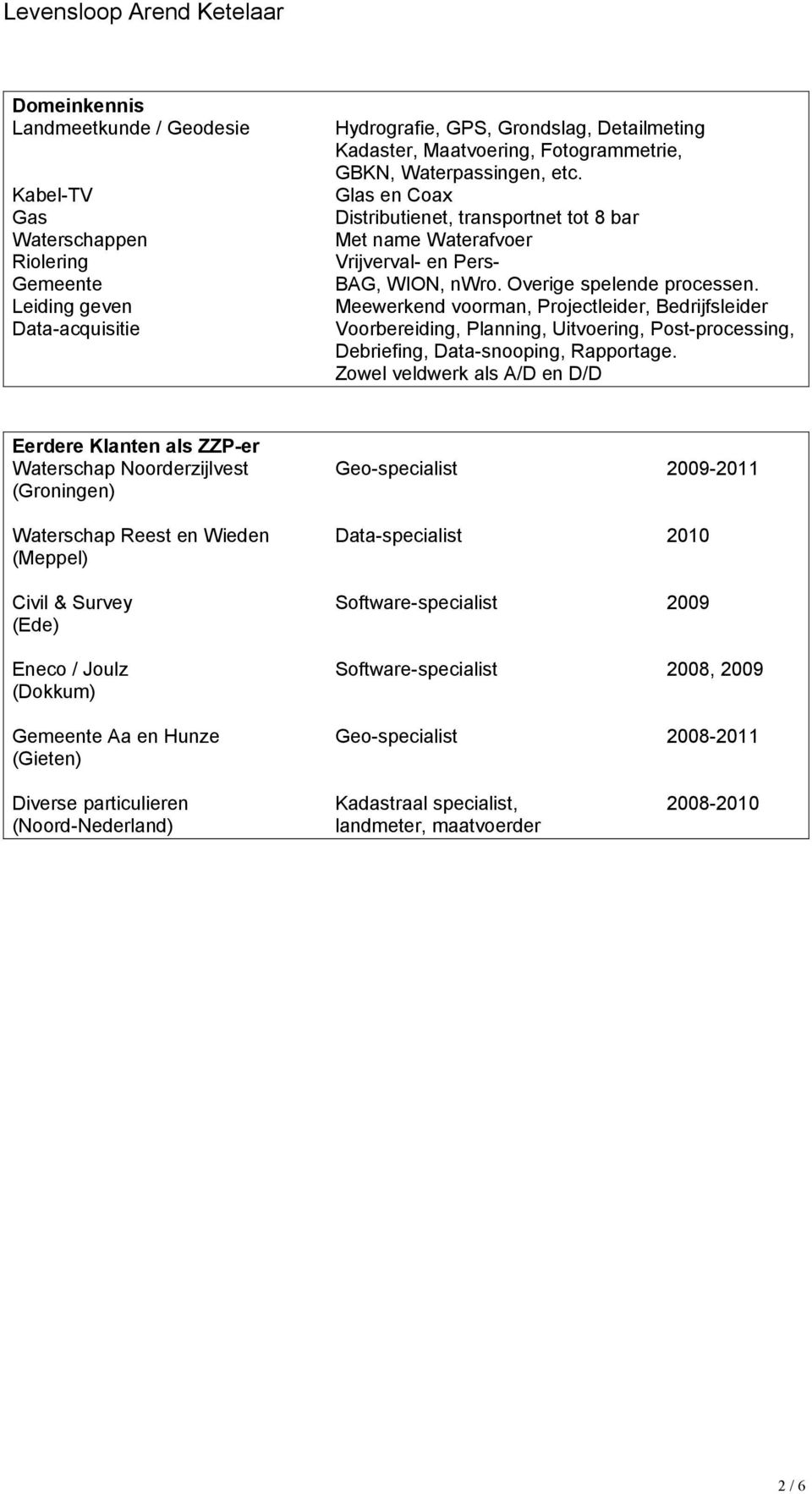 Meewerkend voorman, Projectleider, Bedrijfsleider Voorbereiding, Planning, Uitvoering, Post-processing, Debriefing, Data-snooping, Rapportage.