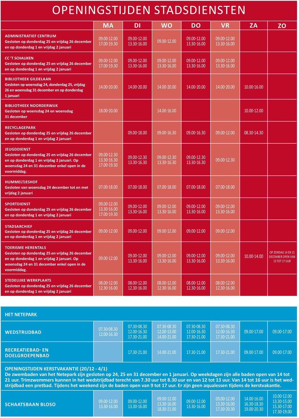 30 BIBLIOTHEEK GILDELAAN Gesloten op woensdag 24, donderdag 25, vrijdag 26 en woensdag 31 december en op donderdag 1 januari BIBLIOTHEEK NOORDERWIJK Gesloten op woensdag 24 en woensdag 31 december