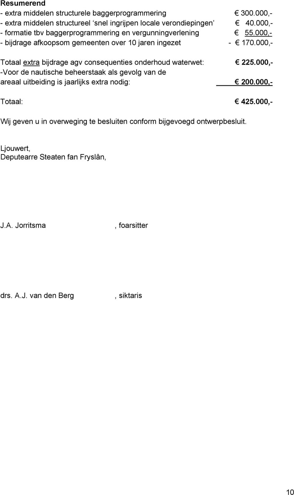 000,- Totaal extra bijdrage agv consequenties onderhoud waterwet: 225.