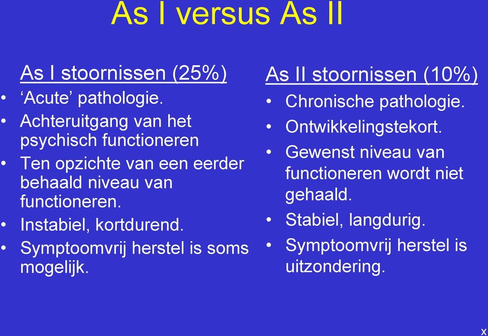 functioneren. Instabiel, kortdurend. Symptoomvrij herstel is soms mogelijk.