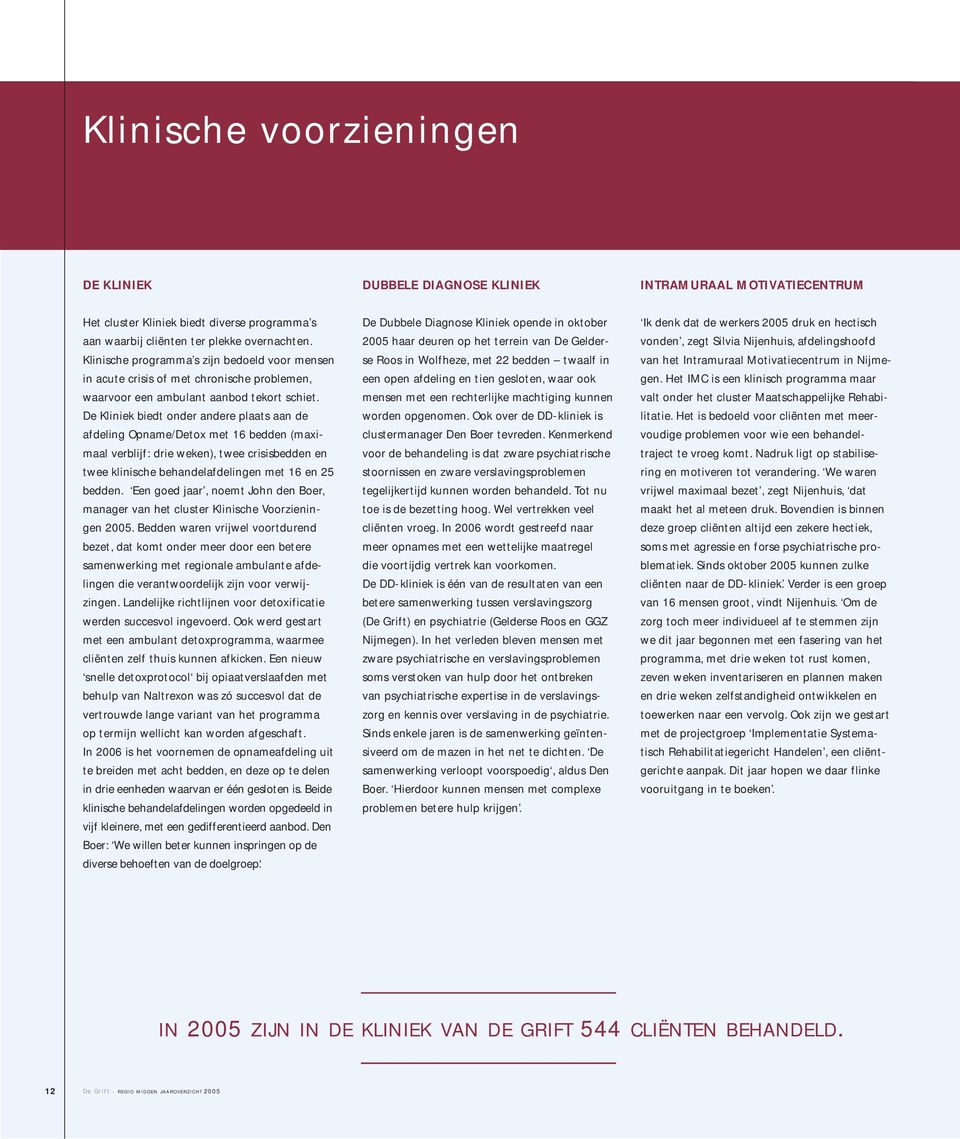 De Kliniek biedt onder andere plaats aan de afdeling Opname/Detox met 16 bedden (maximaal verblijf: drie weken), twee crisisbedden en twee klinische behandelafdelingen met 16 en 25 bedden.