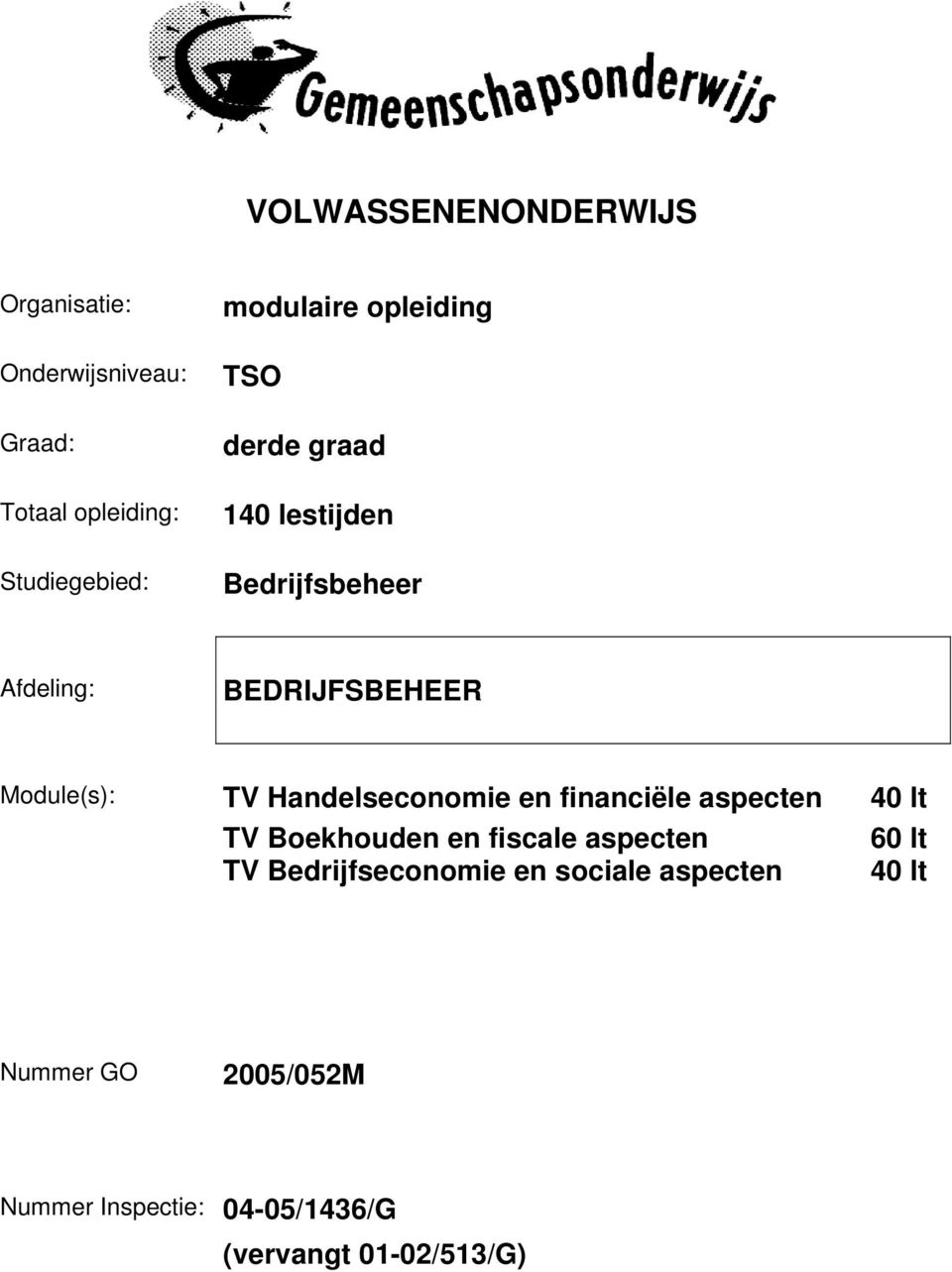 Handelseconomie en financiële aspecten 40 lt TV Boekhouden en fiscale aspecten 60 lt TV