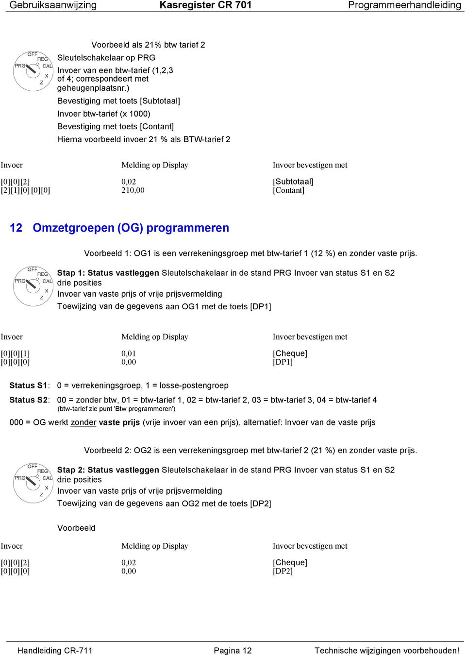 [Contant] 12 Omzetgroepen (OG) programmeren Voorbeeld 1: OG1 is een verrekeningsgroep met btw-tarief 1 (12 %) en zonder vaste prijs.