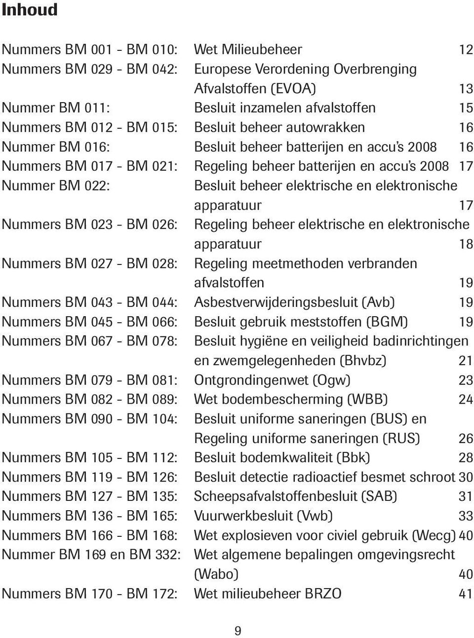 elektrische en elektronische apparatuur 17 Nummers BM 023 - BM 026: Regeling beheer elektrische en elektronische apparatuur 18 Nummers BM 027 - BM 028: Regeling meetmethoden verbranden afvalstoffen