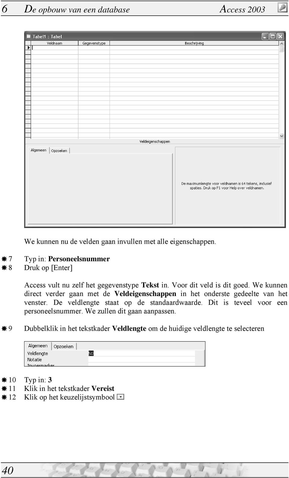 We kunnen direct verder gaan met de Veldeigenschappen in het onderste gedeelte van het venster. De veldlengte staat op de standaardwaarde.