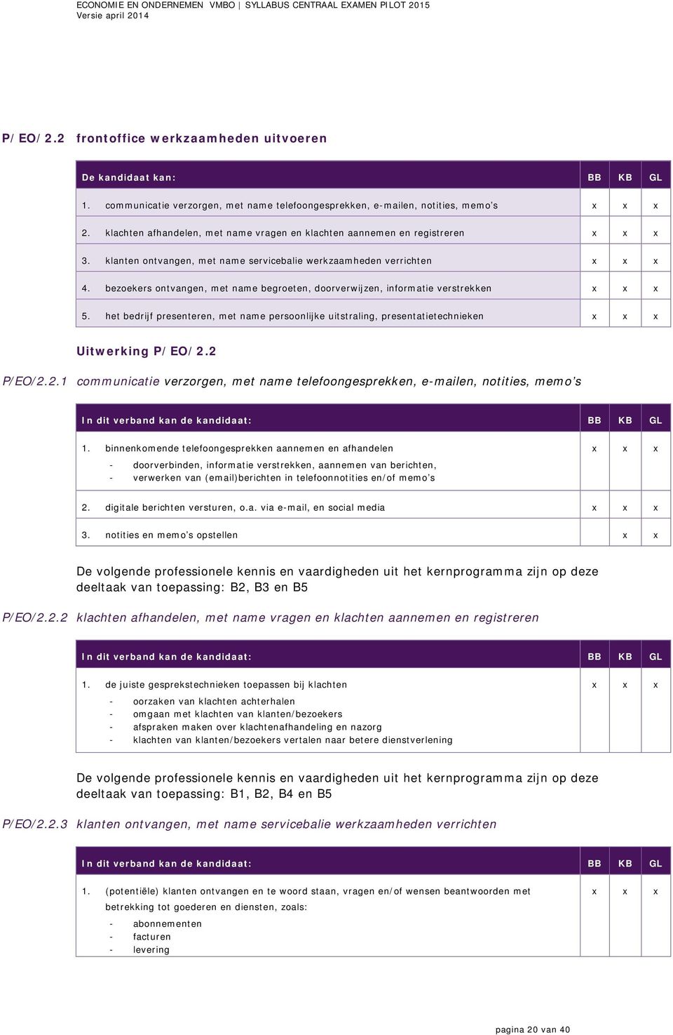 bezoekers ontvangen, met name begroeten, doorverwijzen, informatie verstrekken 5. het bedrijf presenteren, met name persoonlijke uitstraling, presentatietechnieken Uitwerking P/EO/2.