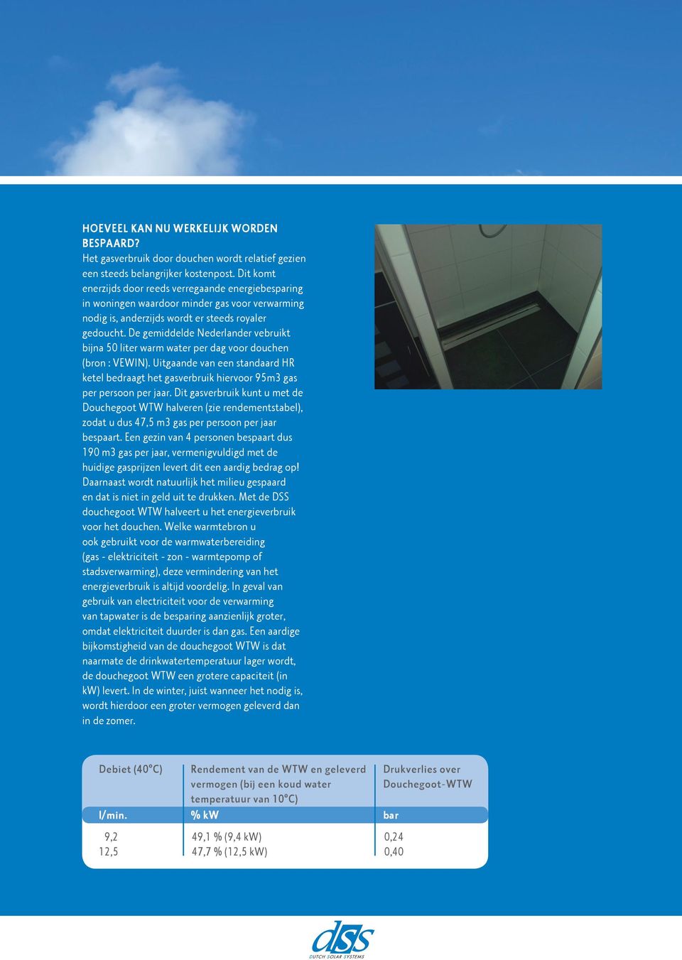De gemiddelde Nederlander vebruikt bijna 50 liter warm water per dag voor douchen (bron : VEWIN). Uitgaande van een standaard HR ketel bedraagt het gasverbruik hiervoor 95m3 gas per persoon per jaar.
