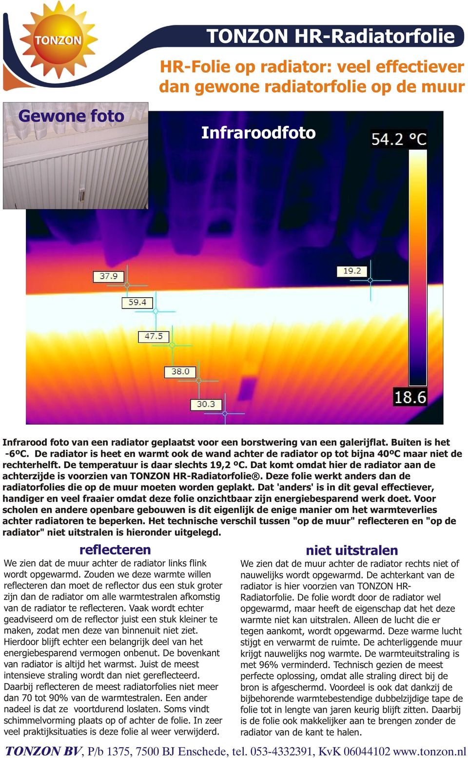 Dat komt omdat hier de radiator aan de achterzijde is voorzien van TONZON HR-Radiatorfolie. Deze folie werkt anders dan de radiatorfolies die op de muur moeten worden geplakt.