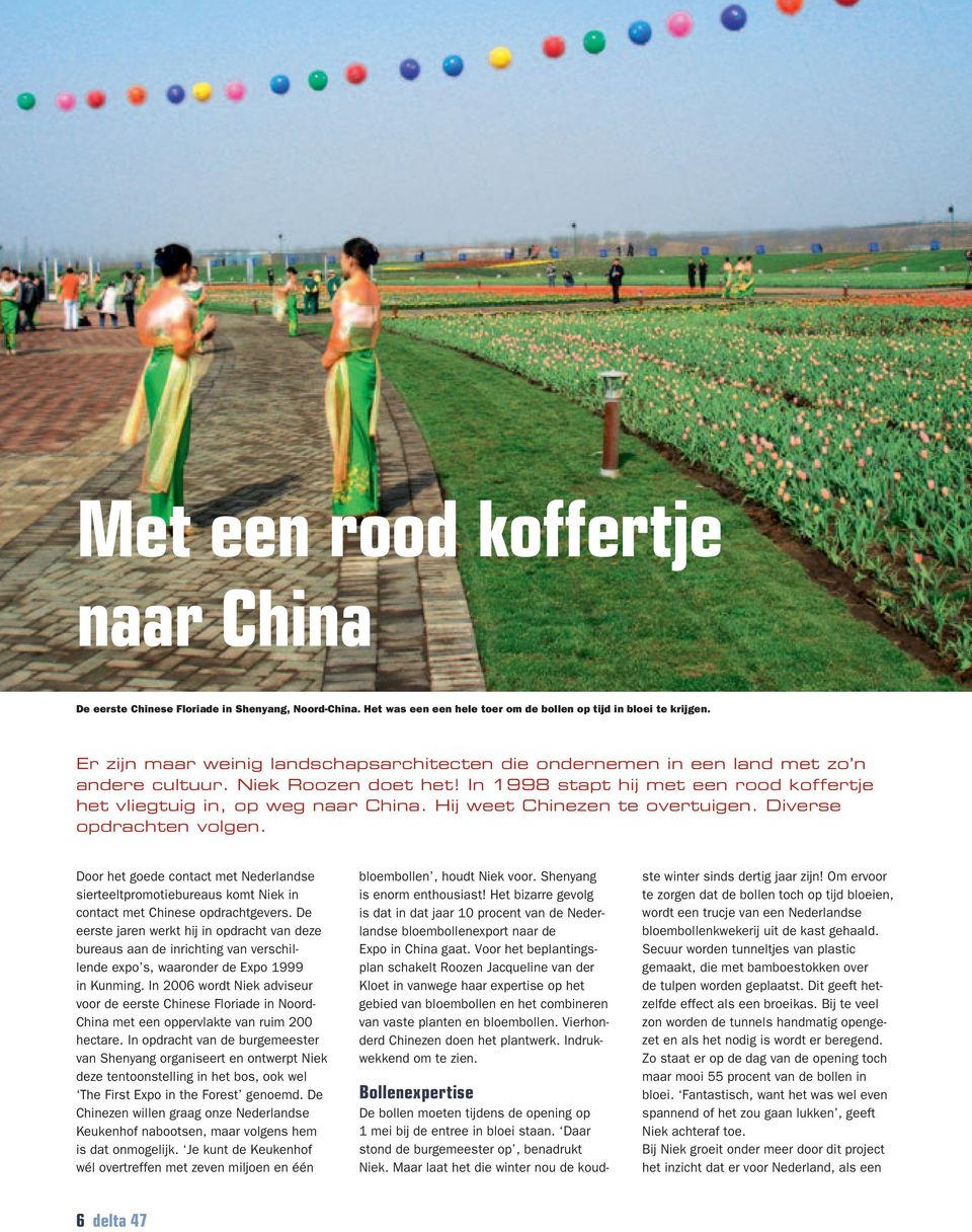 Hij weet Chinezen te overtuigen. Diverse opdrachten volgen. Door het goede contact met Nederlandse sierteeltpromotiebureaus komt Niek in contact met Chinese opdrachtgevers.