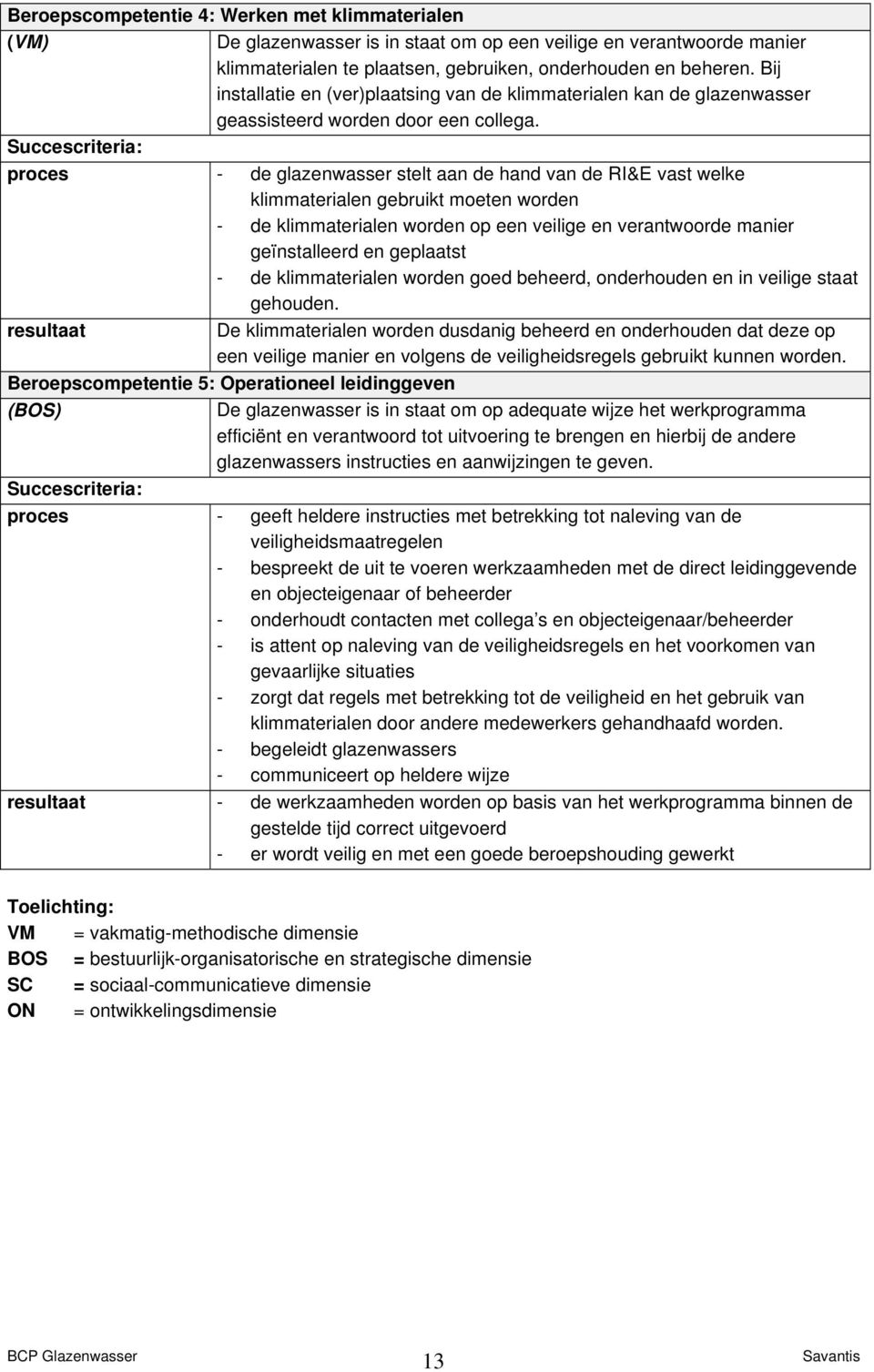 Succescriteria: proces - de glazenwasser stelt aan de hand van de RI&E vast welke klimmaterialen gebruikt moeten worden - de klimmaterialen worden op een veilige en verantwoorde manier geïnstalleerd