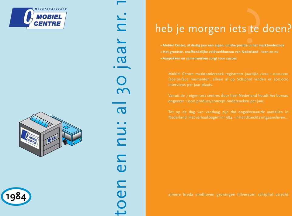 voor succes Mobiel Centre marktonderzoek registreert jaarlijks circa 1.000.000 face-to-face momenten, alleen al op Schiphol vinden er 300.000 interviews per jaar plaats.