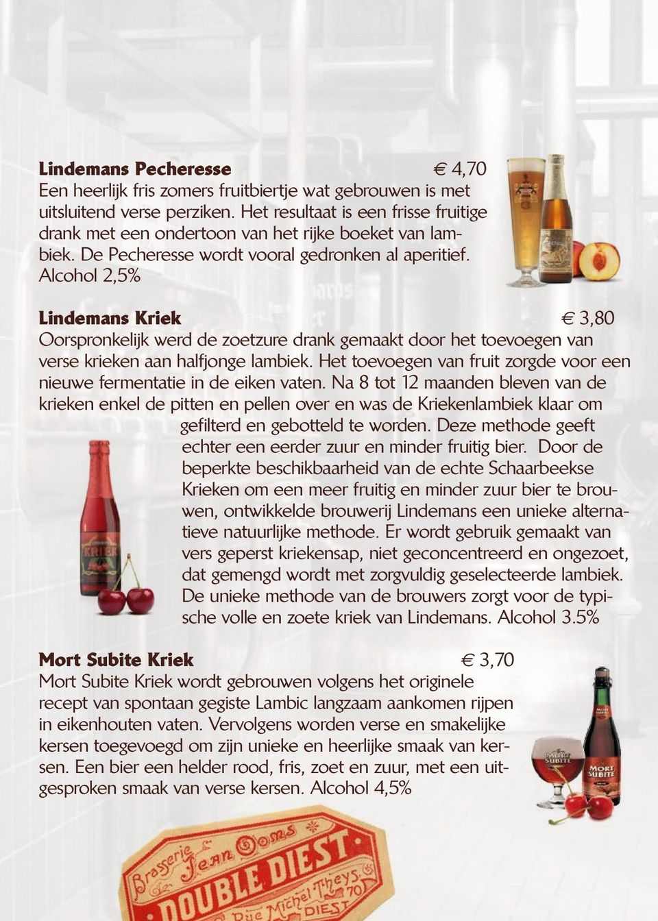 Alcohol 2,5% Lindemans Kriek 3,80 Oorspronkelijk werd de zoetzure drank gemaakt door het toevoegen van verse krieken aan halfjonge lambiek.